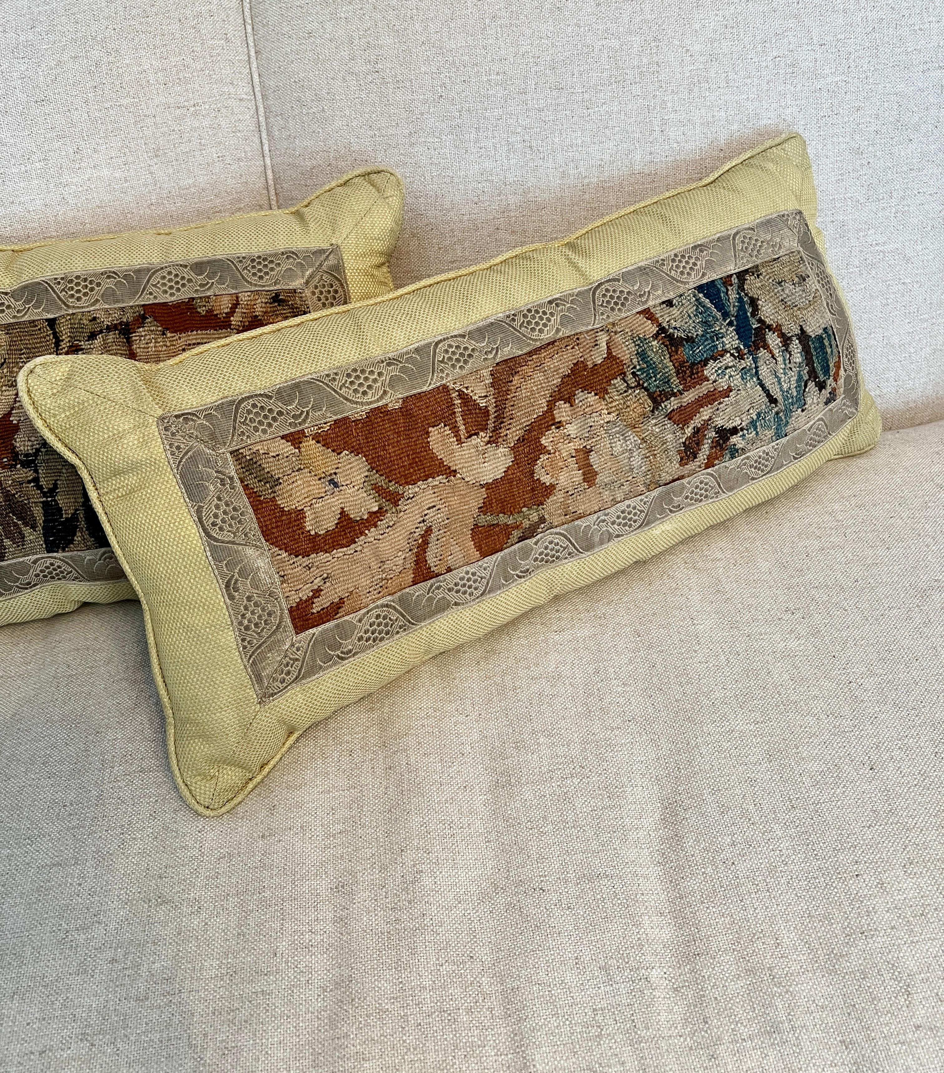 Hand-Crafted Pair of Rectangular Needlepoint Pillows Framed in Alternate Fabrics For Sale