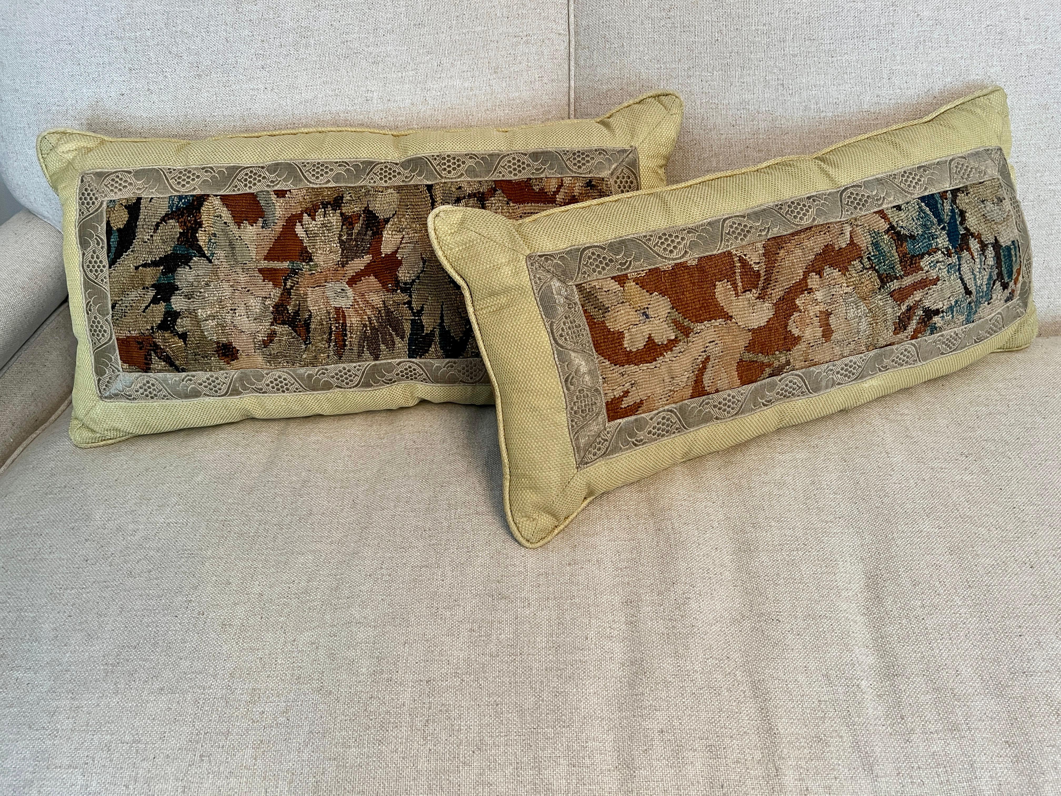 Pair of Rectangular Needlepoint Pillows Framed in Alternate Fabrics In Good Condition For Sale In Los Angeles, CA