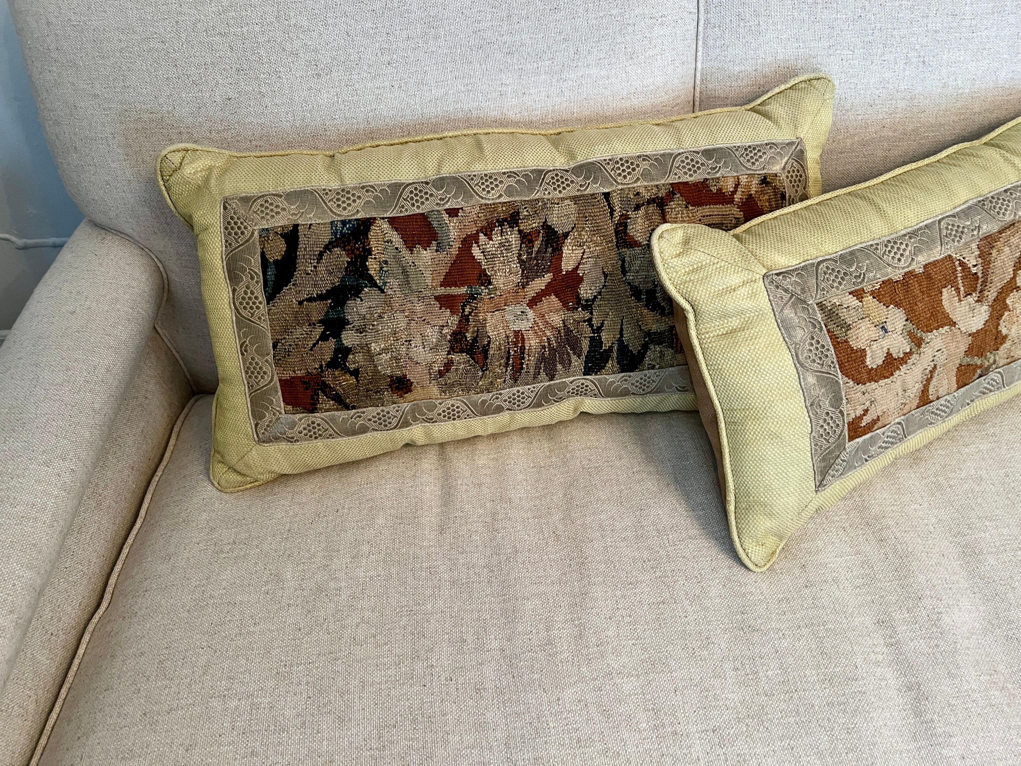 20th Century Pair of Rectangular Needlepoint Pillows Framed in Alternate Fabrics For Sale