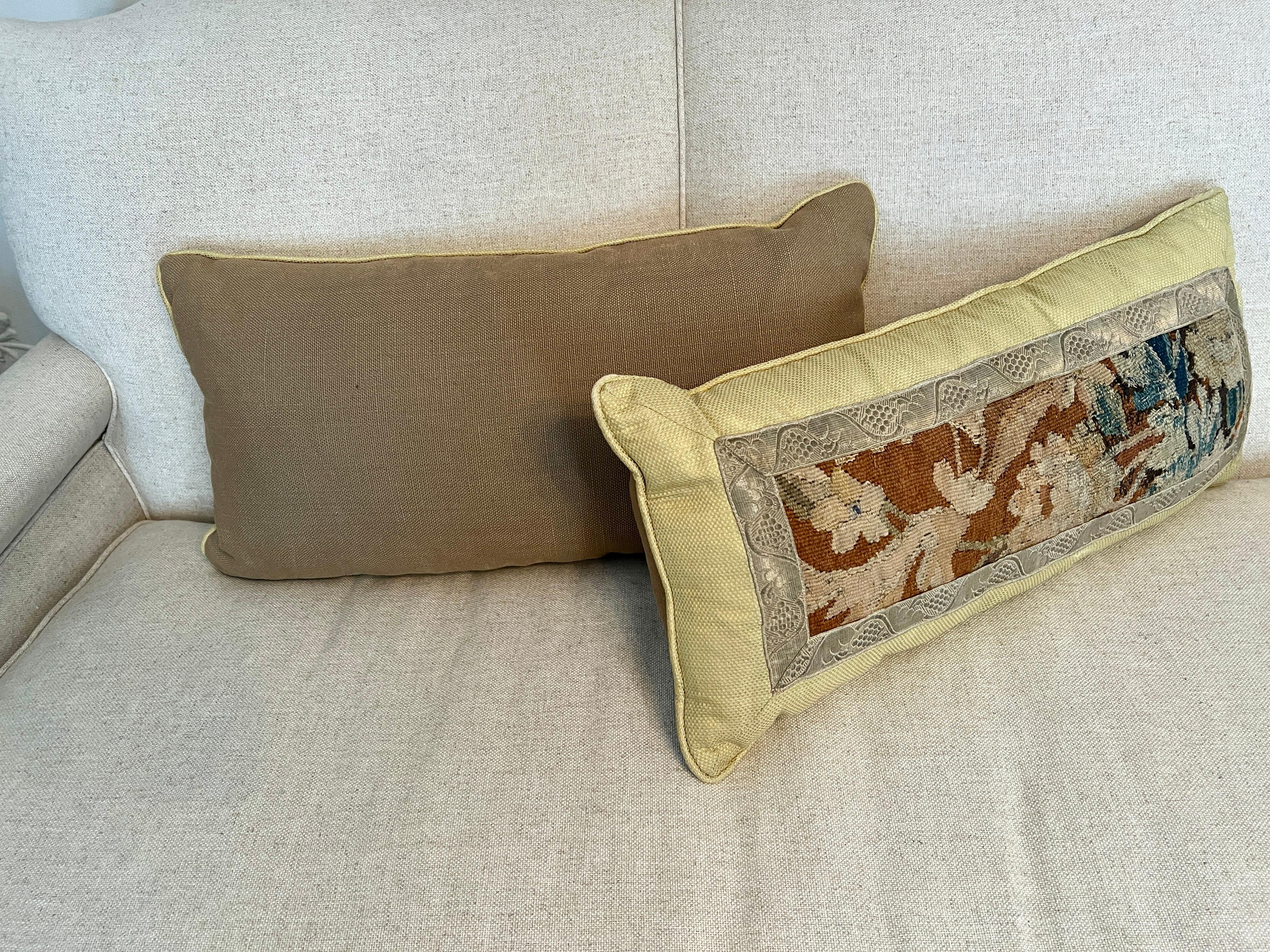 Pair of Rectangular Needlepoint Pillows Framed in Alternate Fabrics For Sale 1
