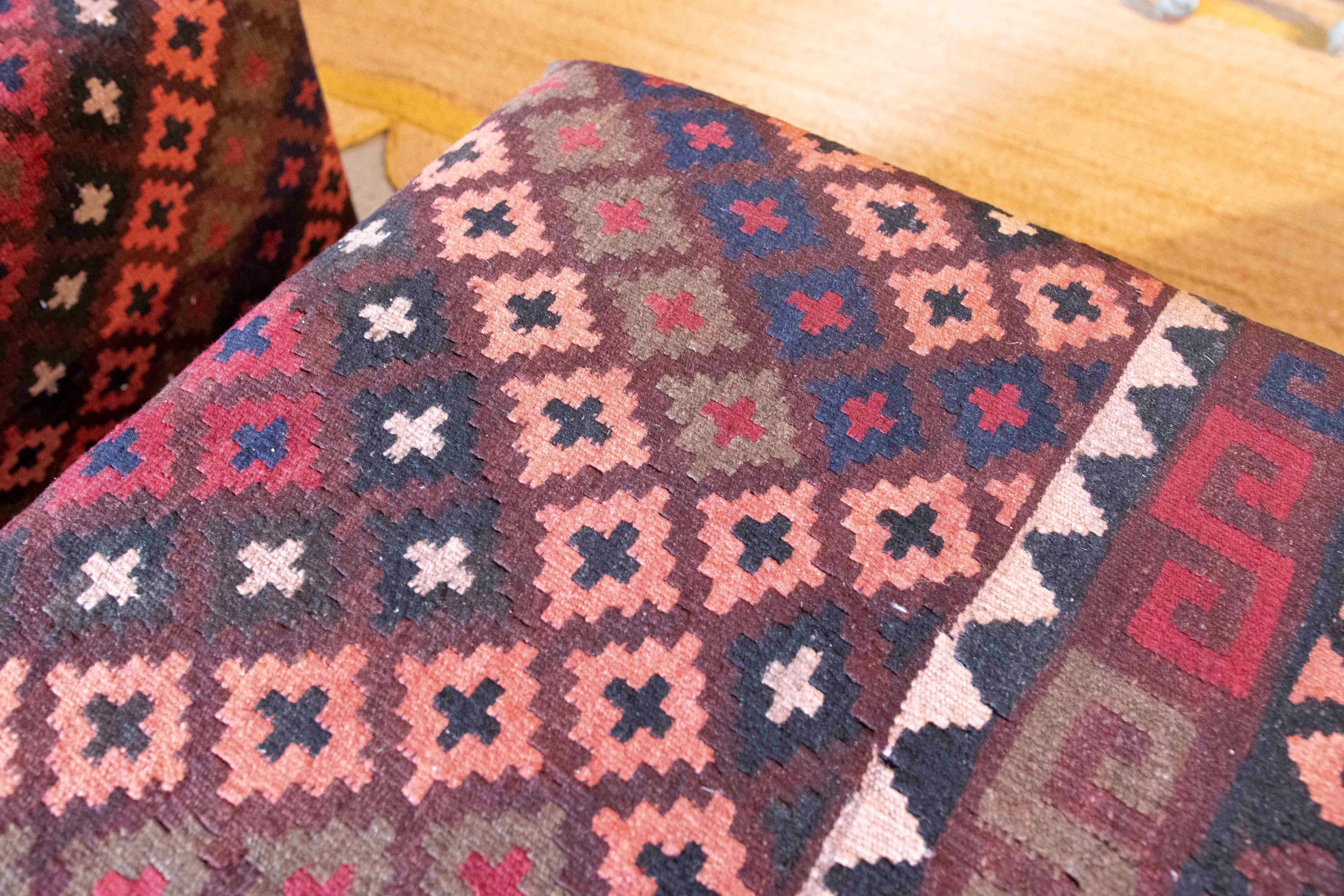 Pair of Rectangular Poufs with Ethnic Design Kilim Fabric Upholstery 5
