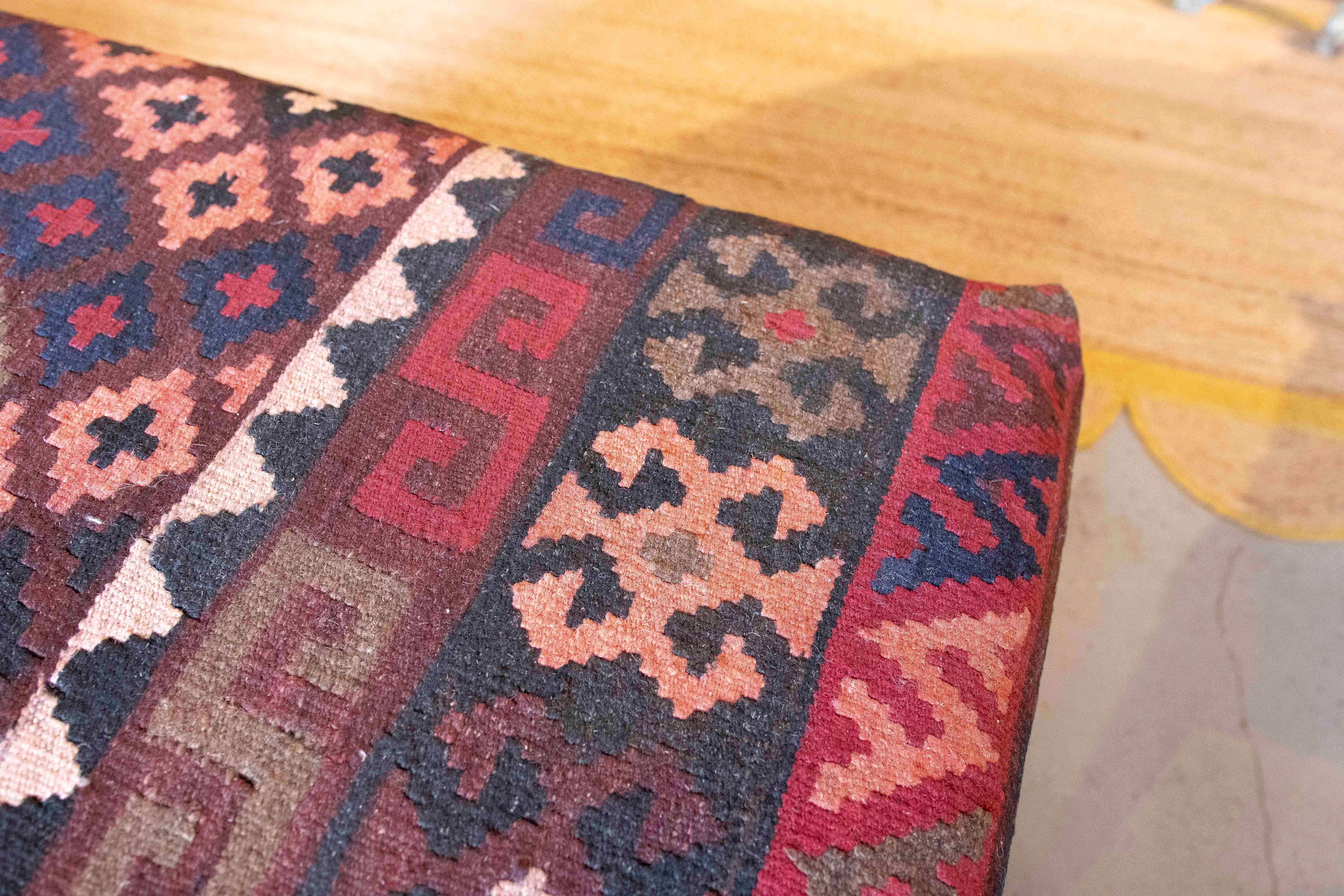 Pair of Rectangular Poufs with Ethnic Design Kilim Fabric Upholstery 6