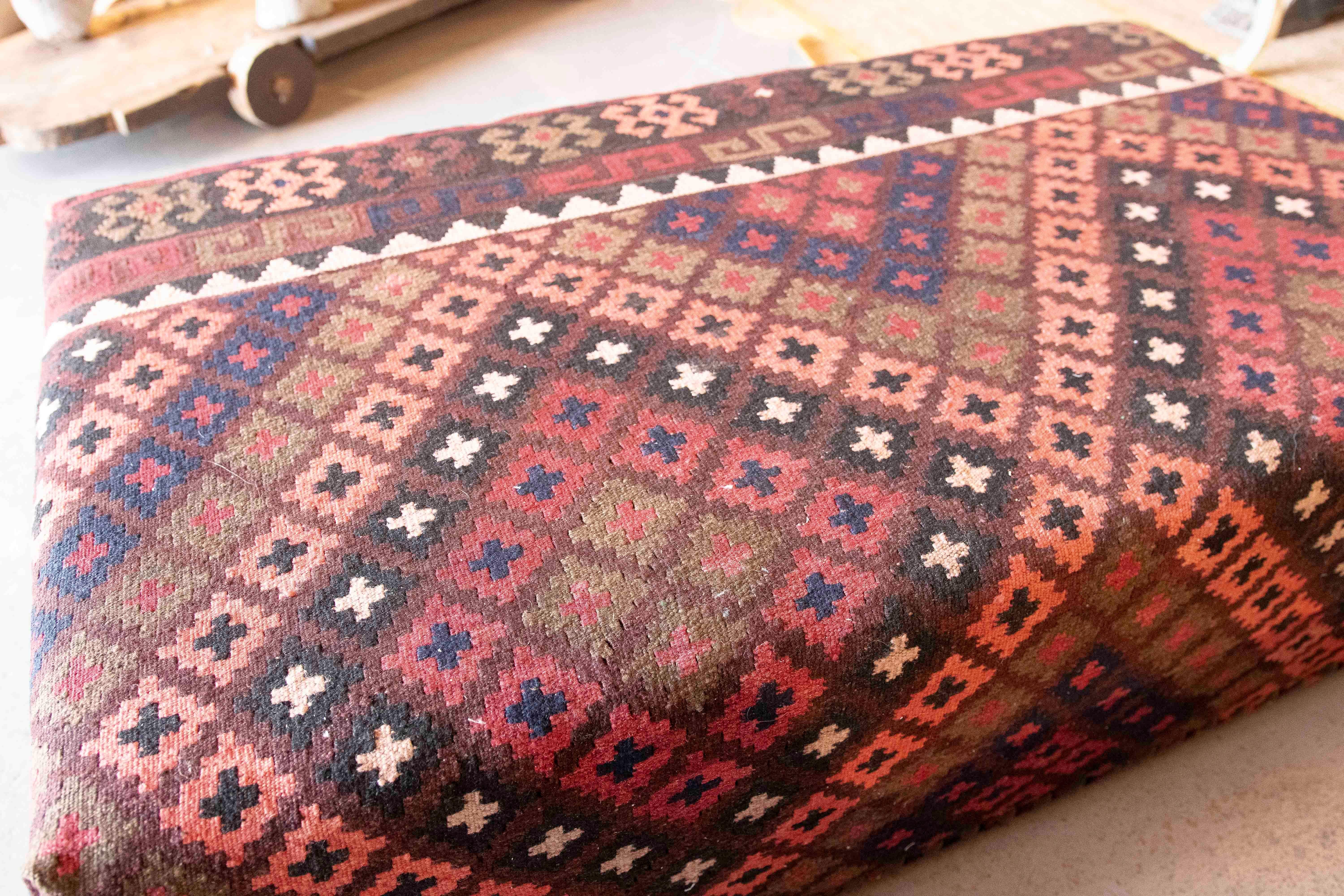 Pair of Rectangular Poufs with Ethnic Design Kilim Fabric Upholstery 8