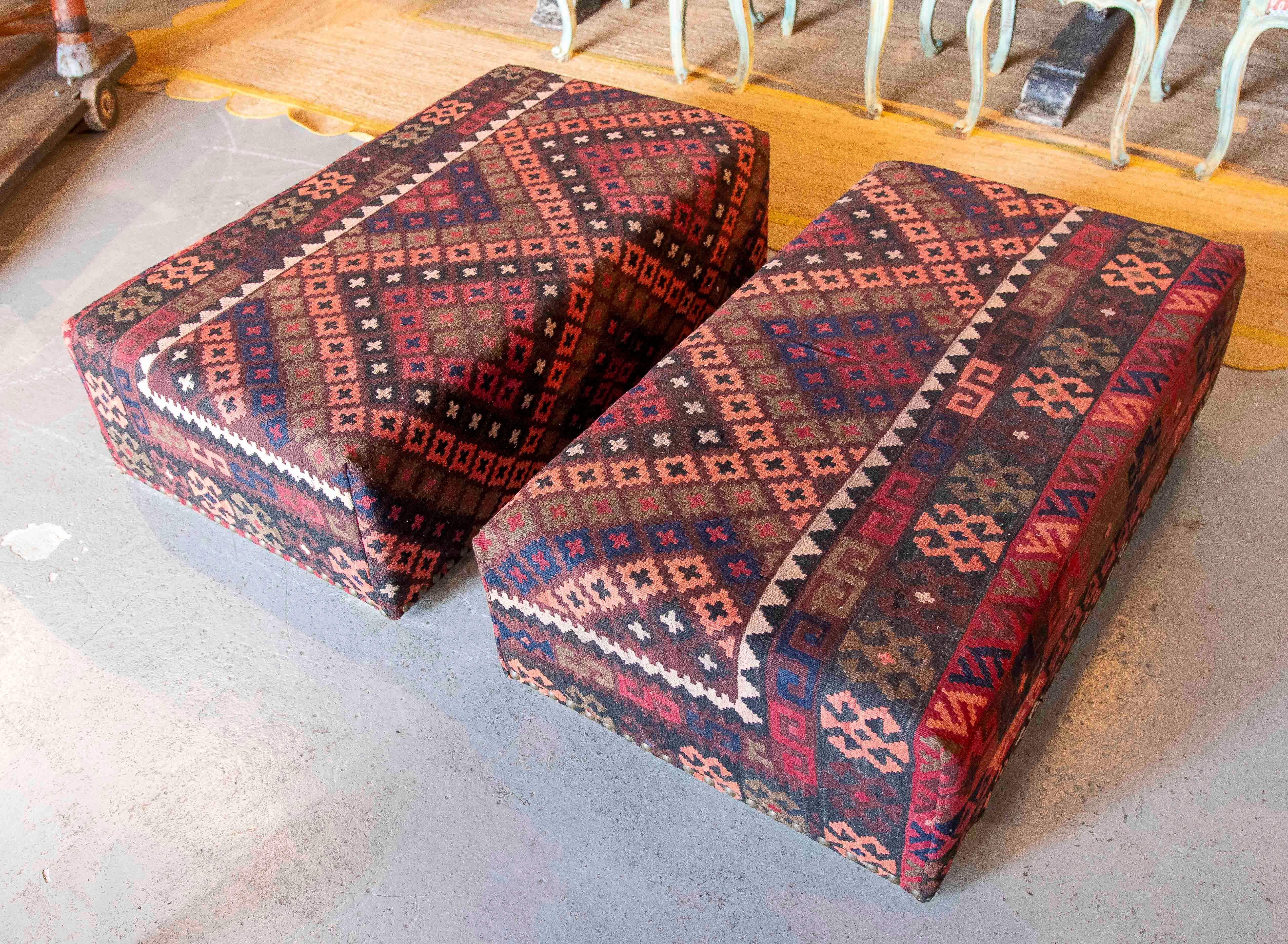 Pair of Rectangular Poufs with Ethnic Design Kilim Fabric Upholstery 9