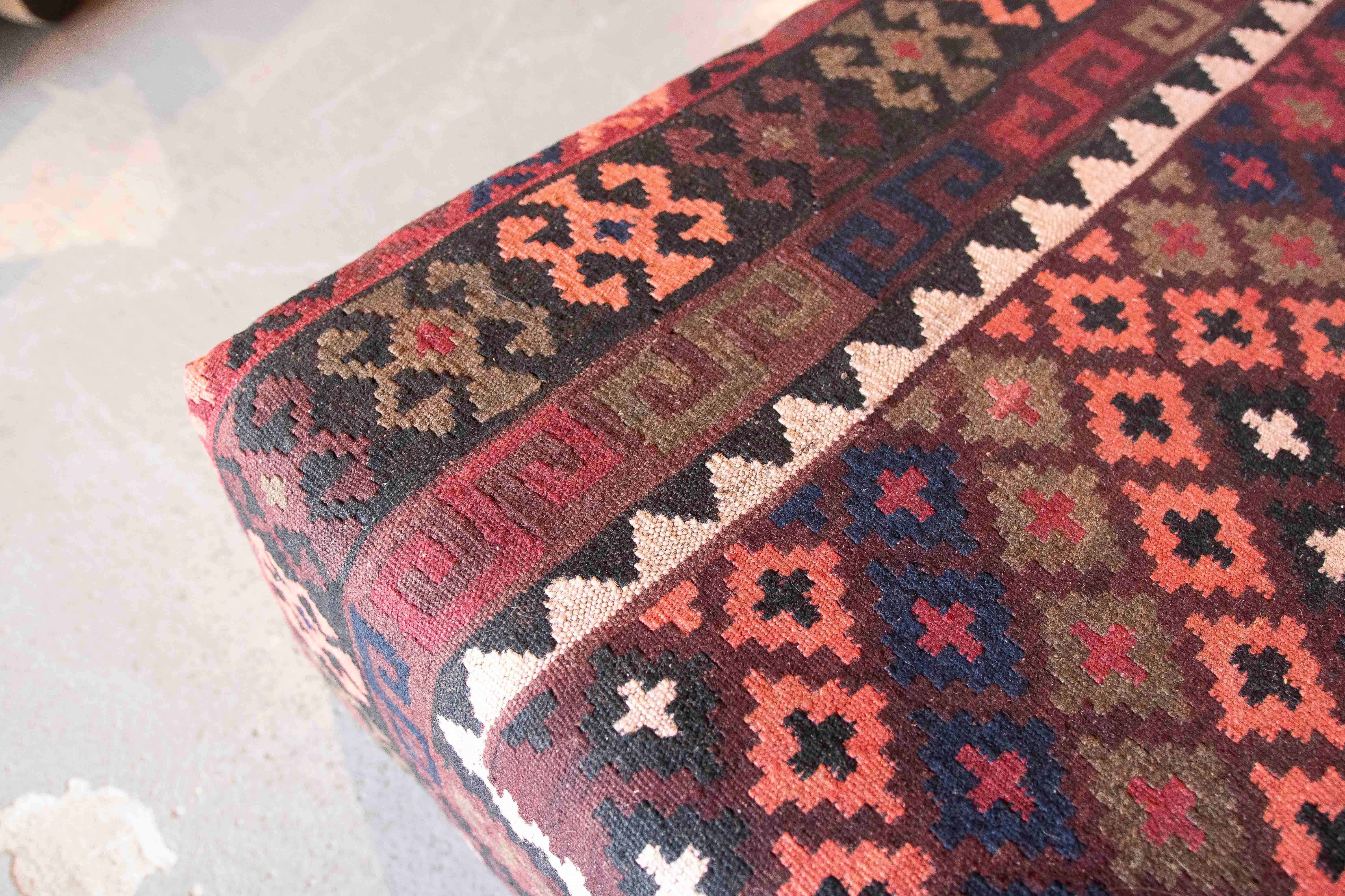Pair of Rectangular Poufs with Ethnic Design Kilim Fabric Upholstery 10