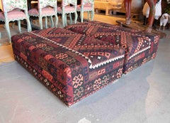Pair of Rectangular Poufs with Ethnic Design Kilim Fabric Upholstery