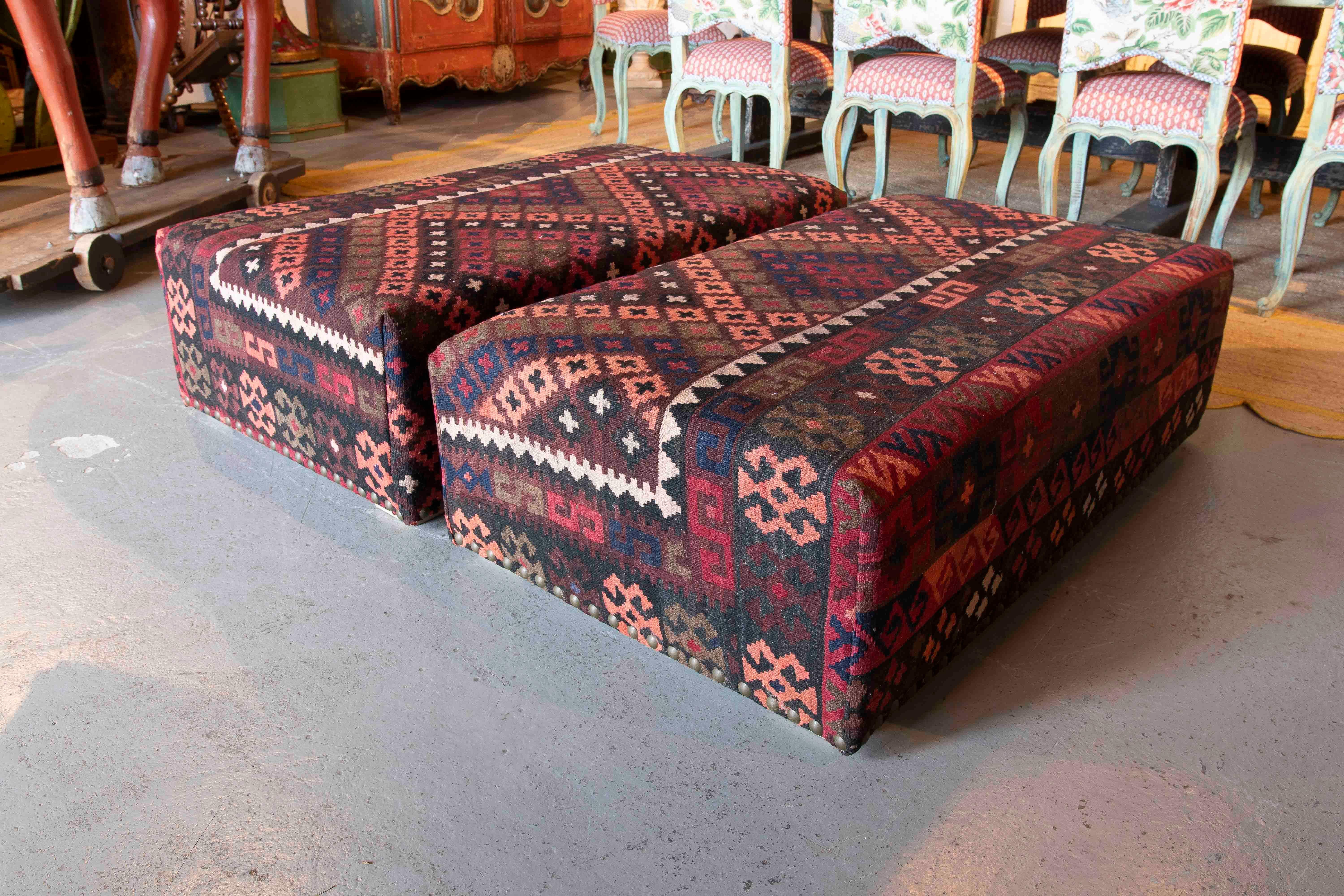 European Pair of Rectangular Poufs with Ethnic Design Kilim Fabric Upholstery