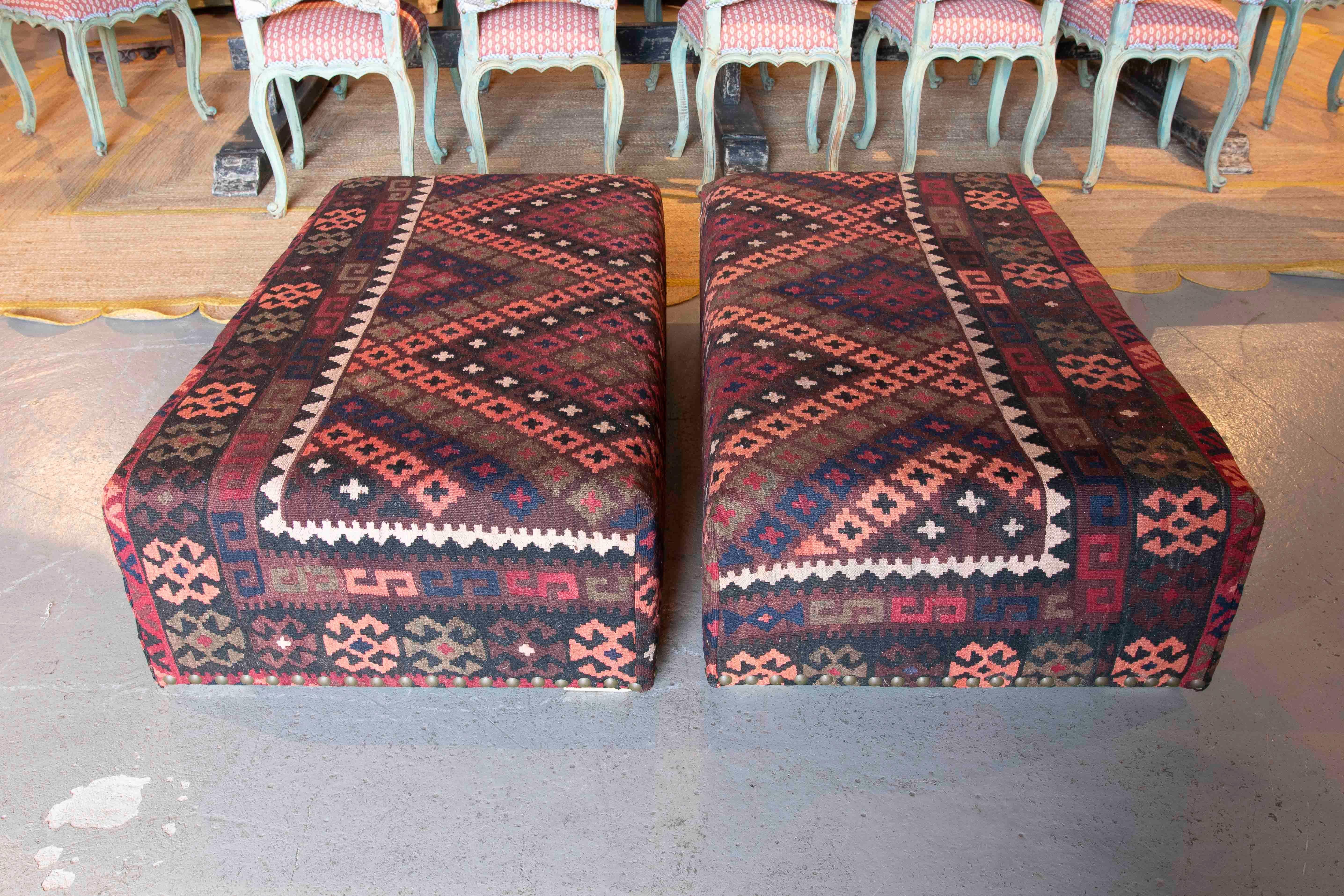 Contemporary Pair of Rectangular Poufs with Ethnic Design Kilim Fabric Upholstery