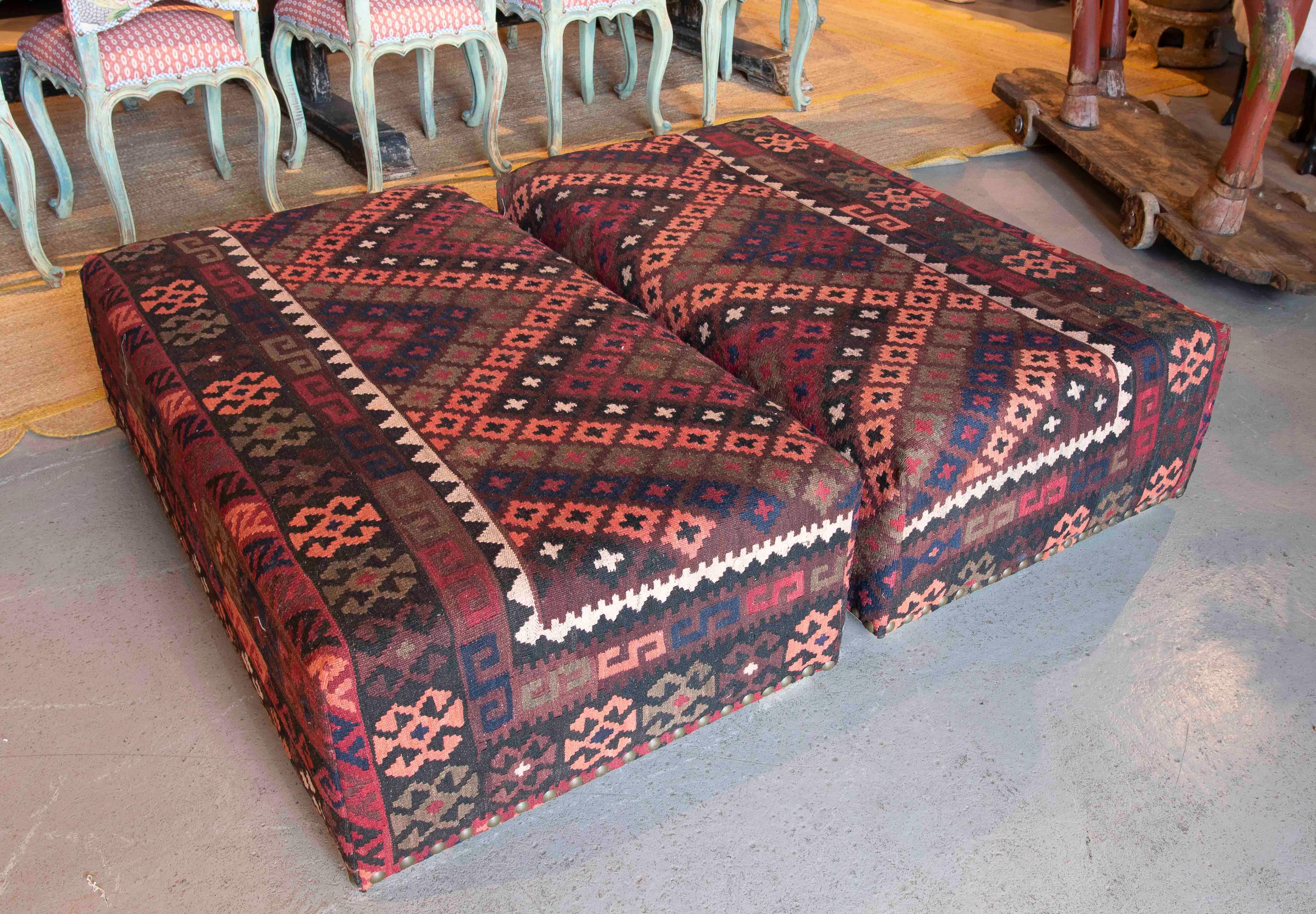 Pair of Rectangular Poufs with Ethnic Design Kilim Fabric Upholstery 1