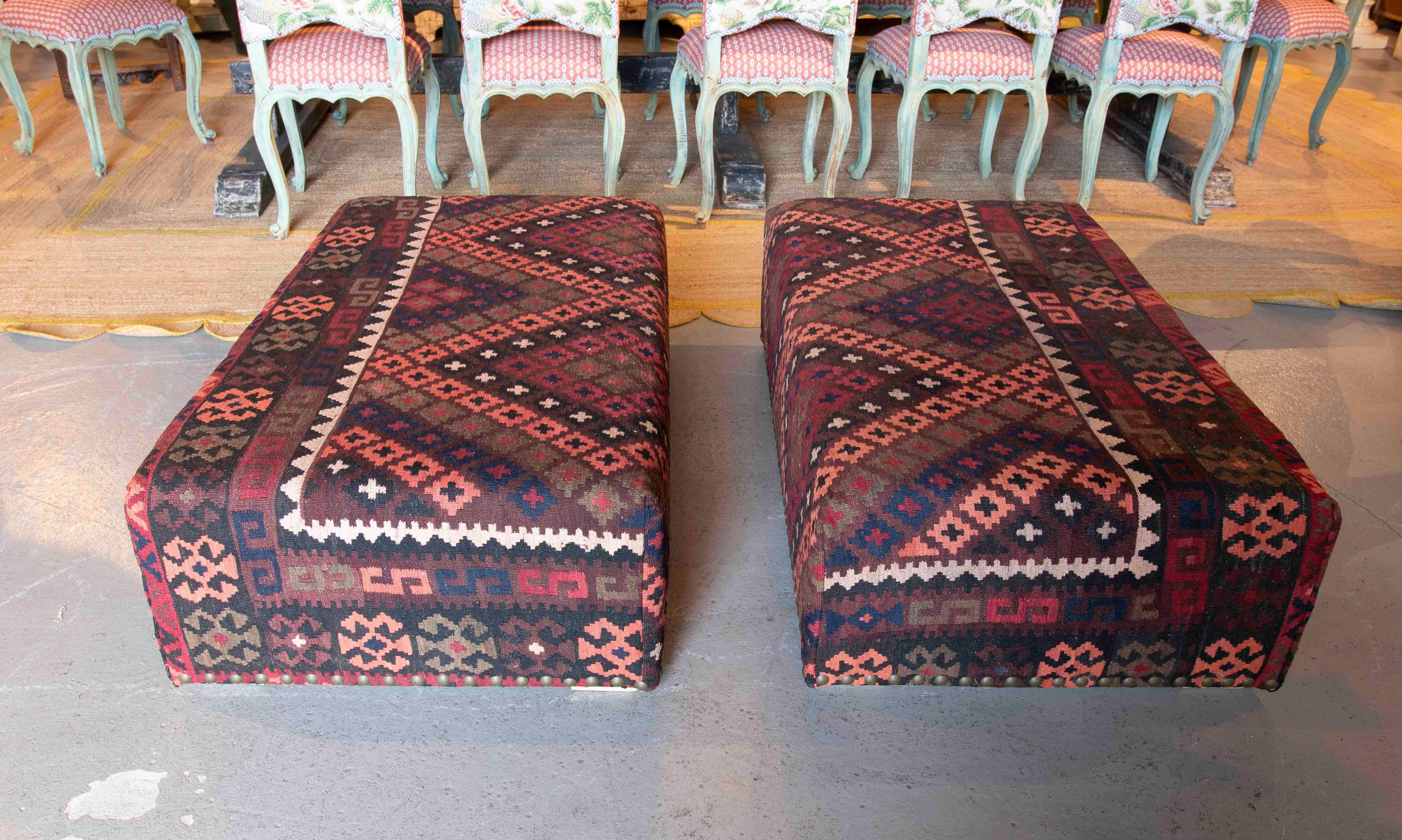 Pair of Rectangular Poufs with Ethnic Design Kilim Fabric Upholstery 2