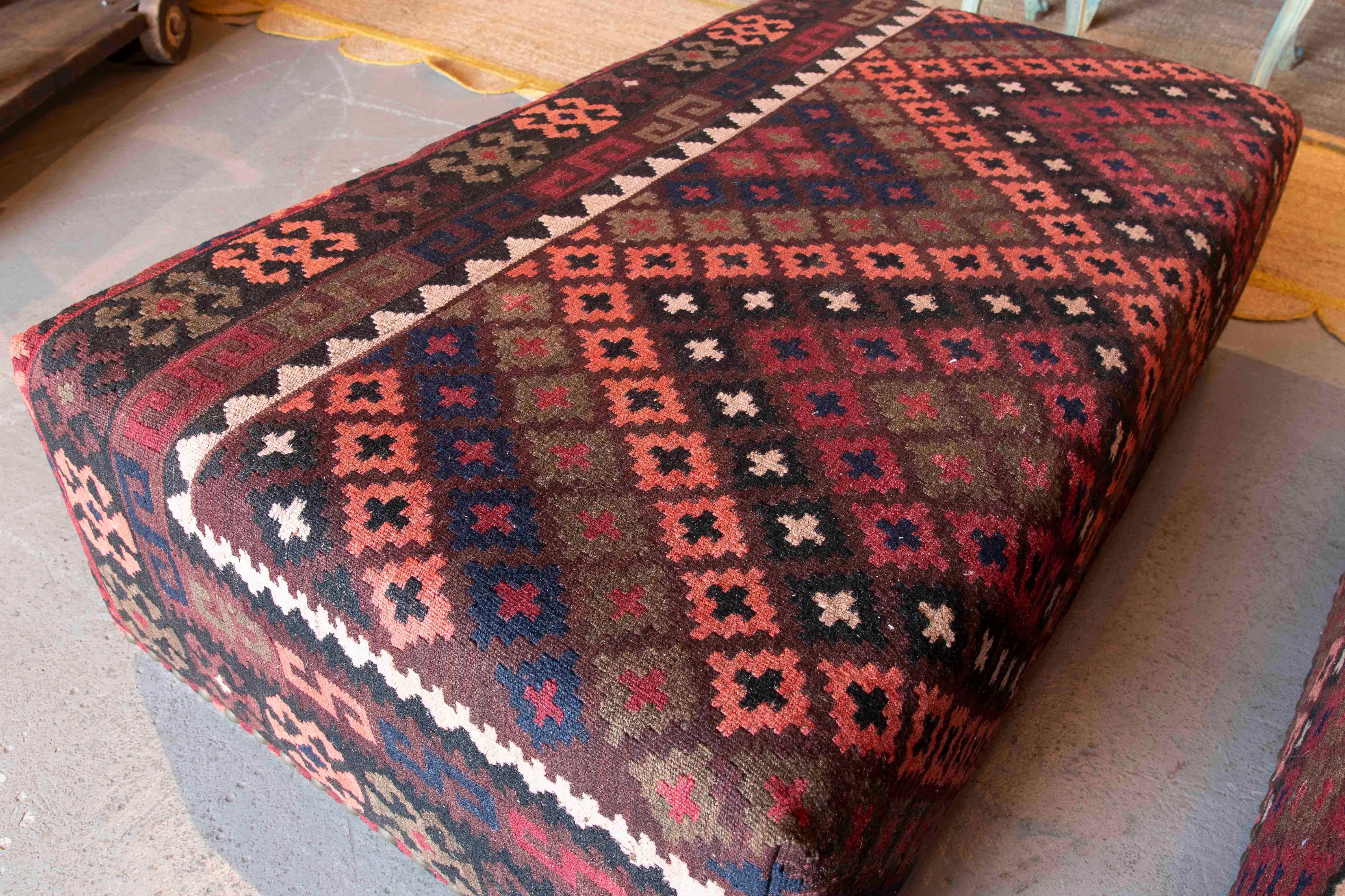 Pair of Rectangular Poufs with Ethnic Design Kilim Fabric Upholstery 3