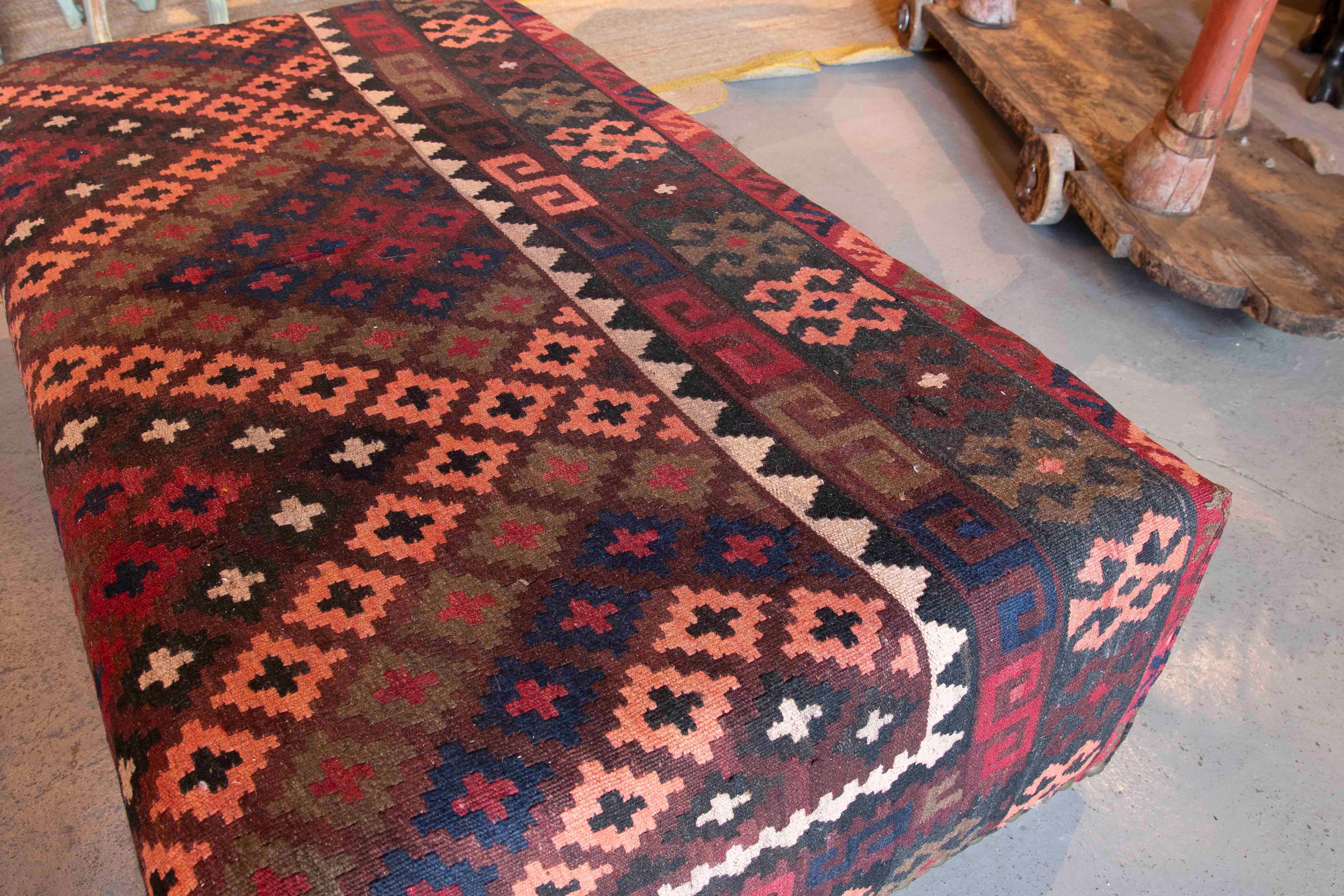 Pair of Rectangular Poufs with Ethnic Design Kilim Fabric Upholstery 4
