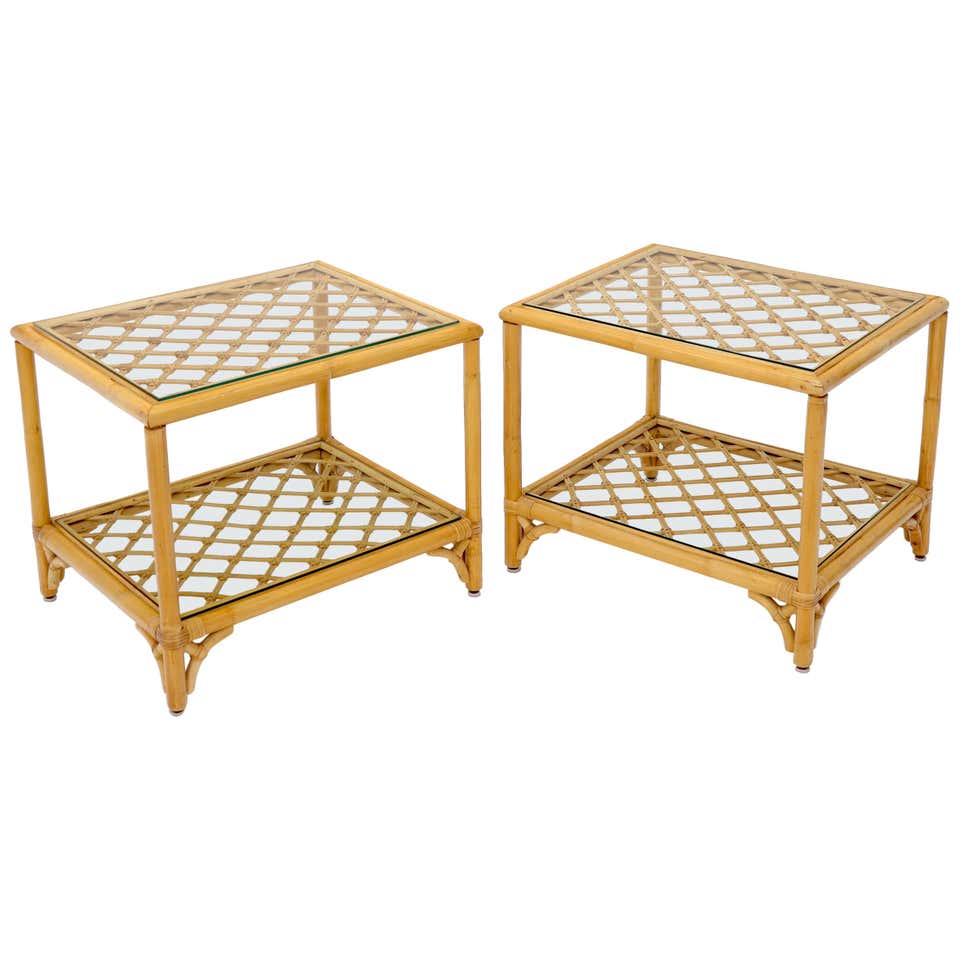Pair of Rectangular Rattan Bases Glass Top End Side Tables at 1stDibs