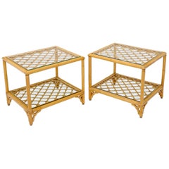 Pair of Rectangular Rattan Bases Glass Top End Side Tables