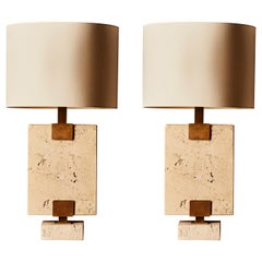 Pair of Rectangular Travertin and Brass Table Lamps