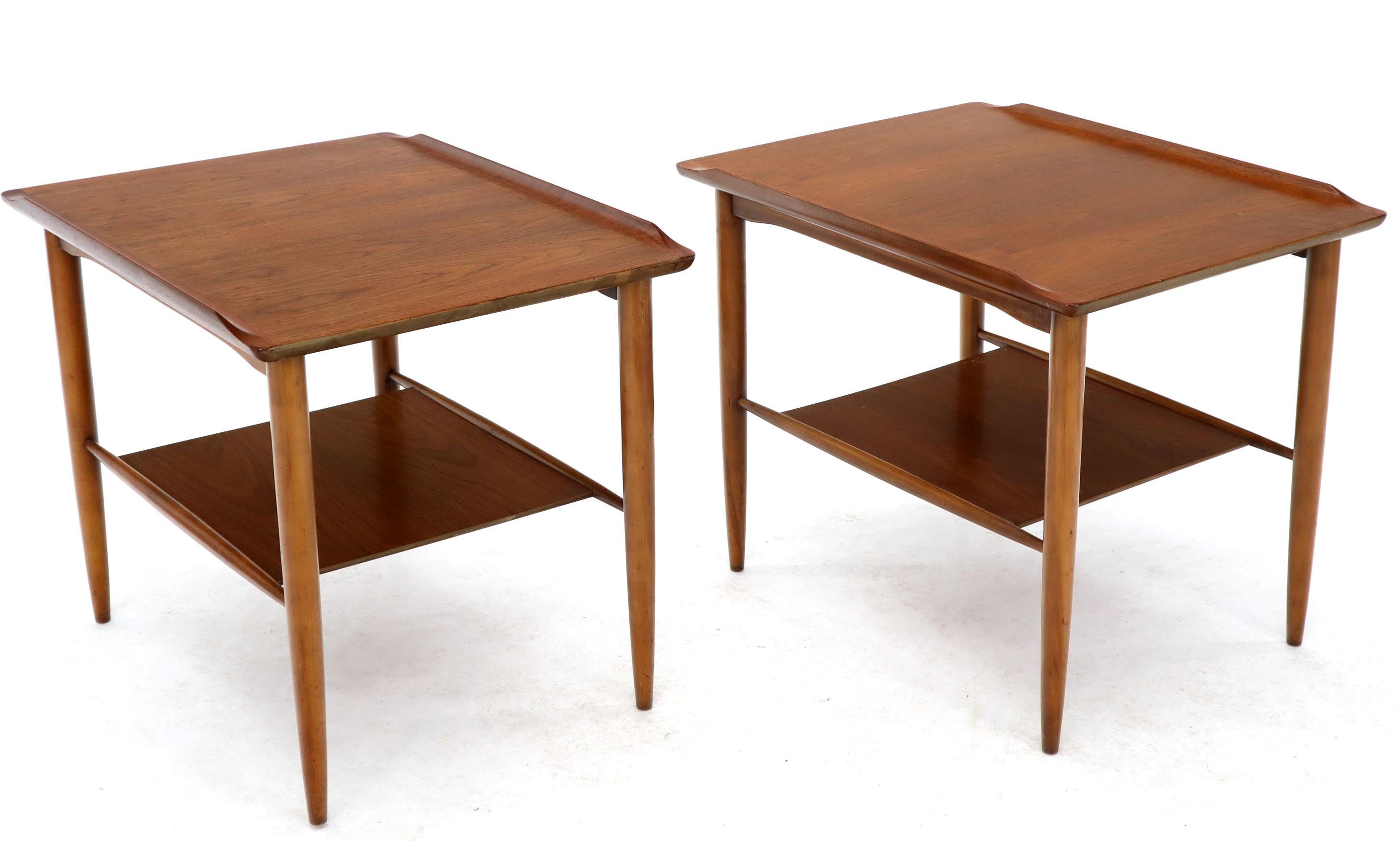 Mid-Century Modern Pair of Rectangular Two-Tier Rolled Edge Top Walnut End Table with Shelf