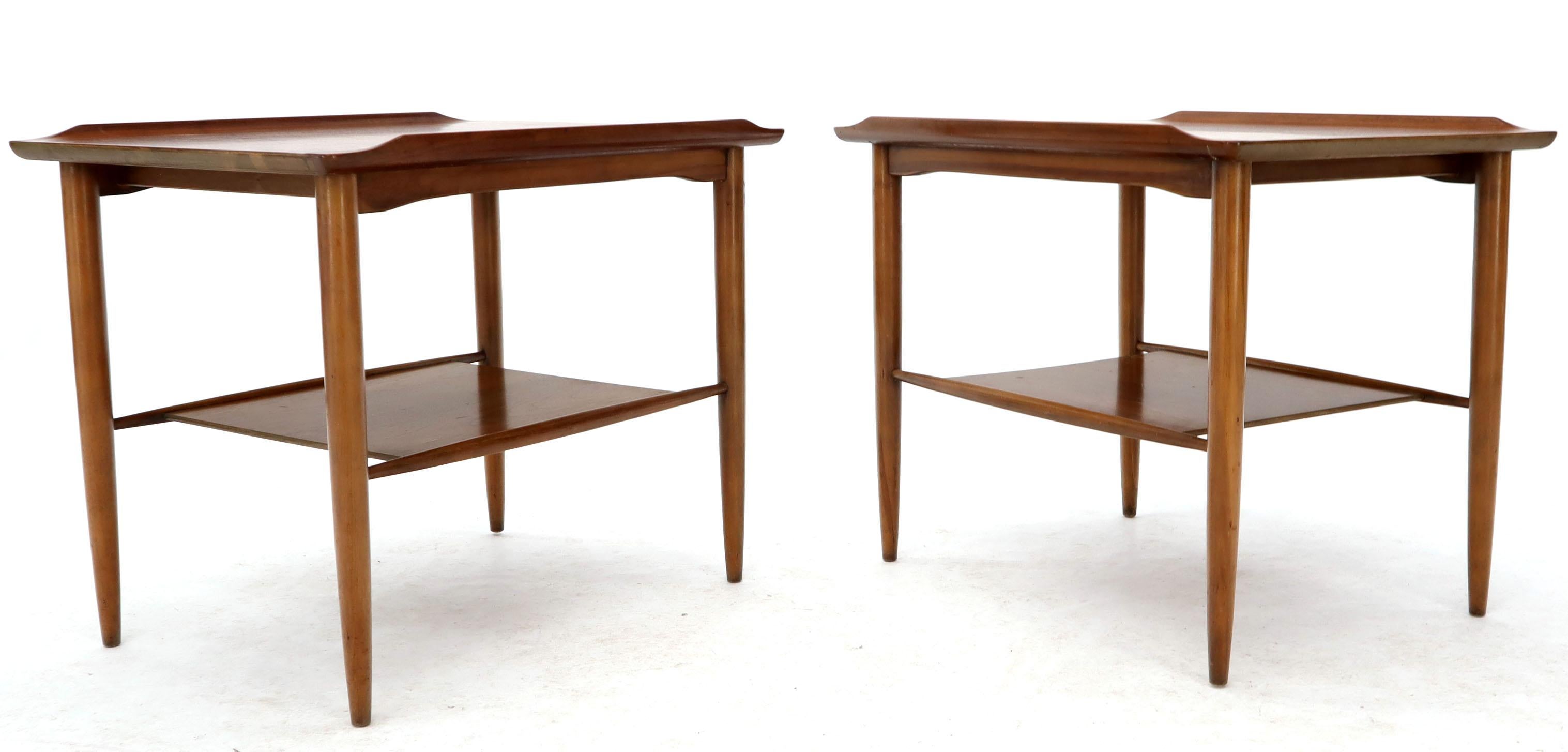 20th Century Pair of Rectangular Two-Tier Rolled Edge Top Walnut End Table with Shelf