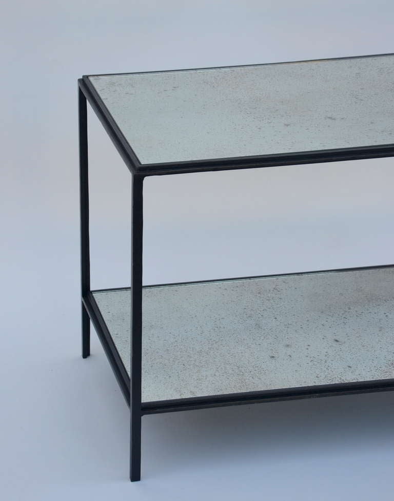 Patinated Pair of 'Rectiligne' Wrought Iron and Mirror End Tables by Design Frères For Sale