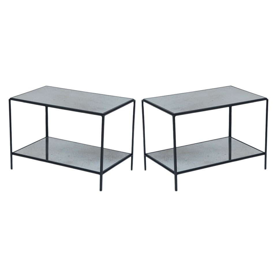 Pair of 'Rectiligne' Wrought Iron and Mirror End Tables by Design Frères
