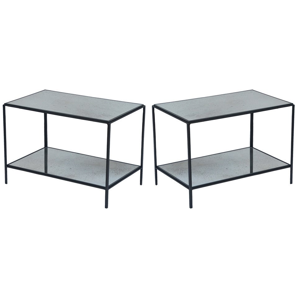 Pair of 'Rectiligne' Wrought Iron and Mirror End Tables by Design Frères