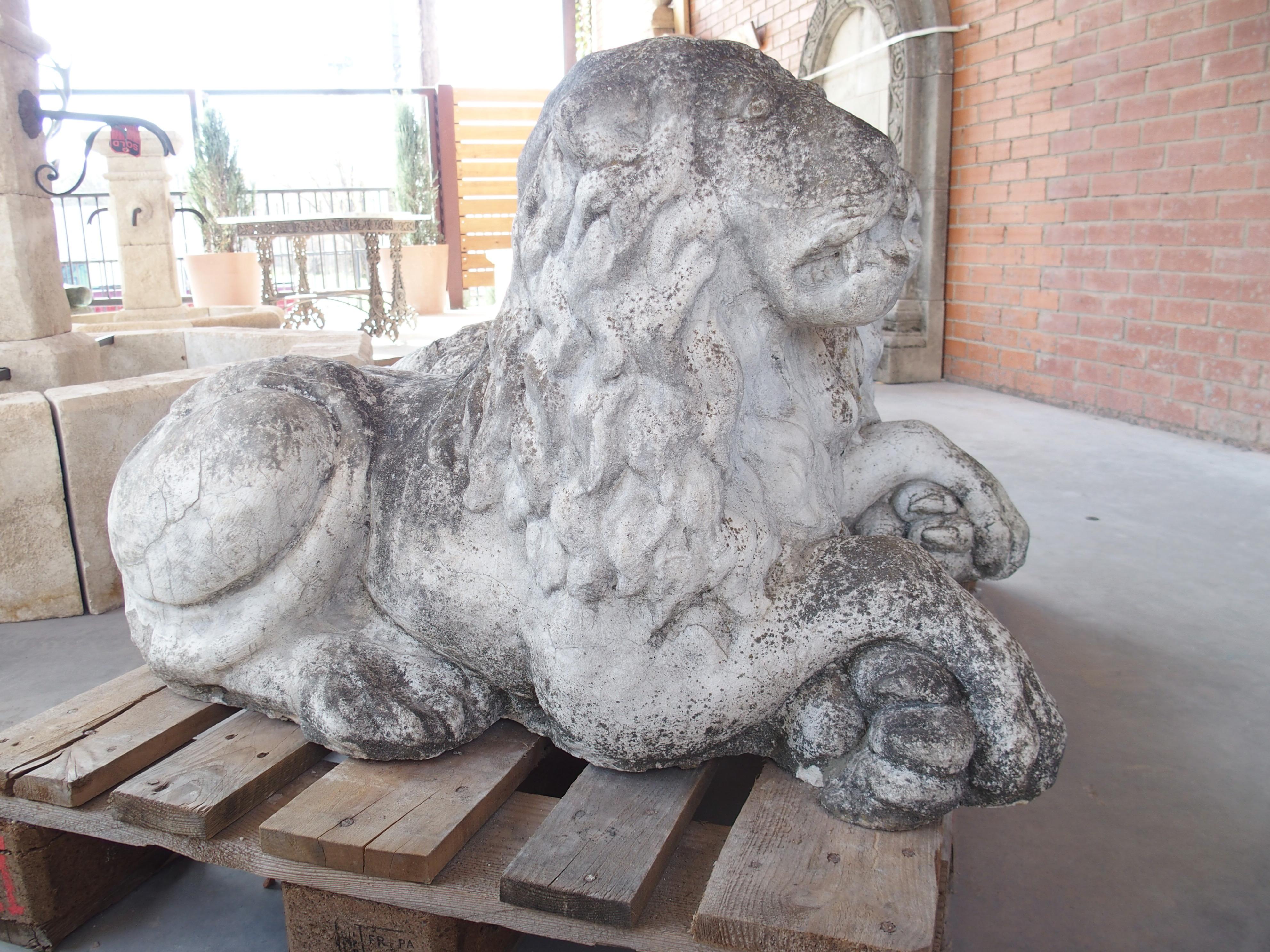 Pareja de leones de jardín yacentes de piedra reconstituida procedentes de Bélgica, circa 1960 en venta 3