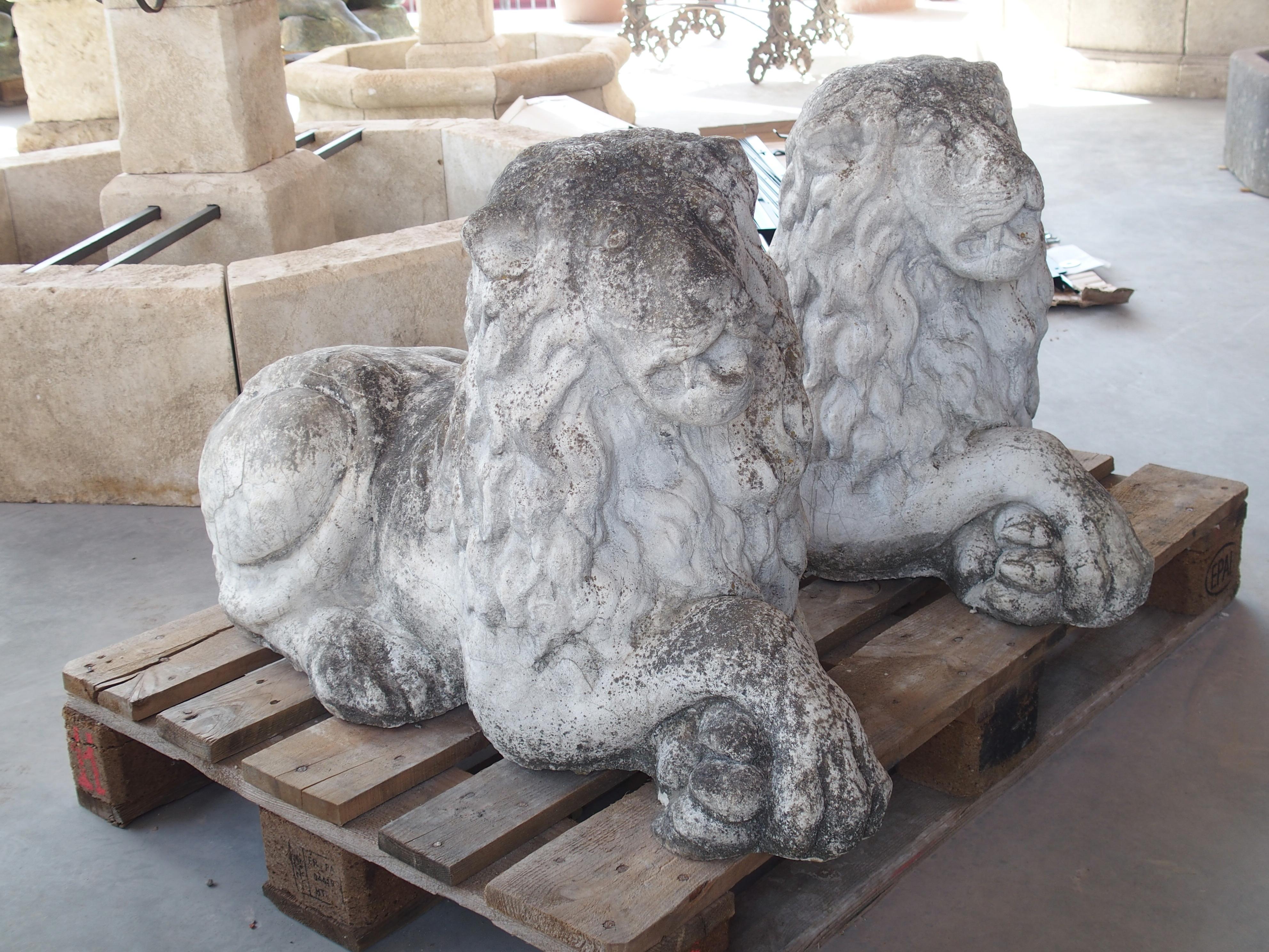 Pareja de leones de jardín yacentes de piedra reconstituida procedentes de Bélgica, circa 1960 en venta 12
