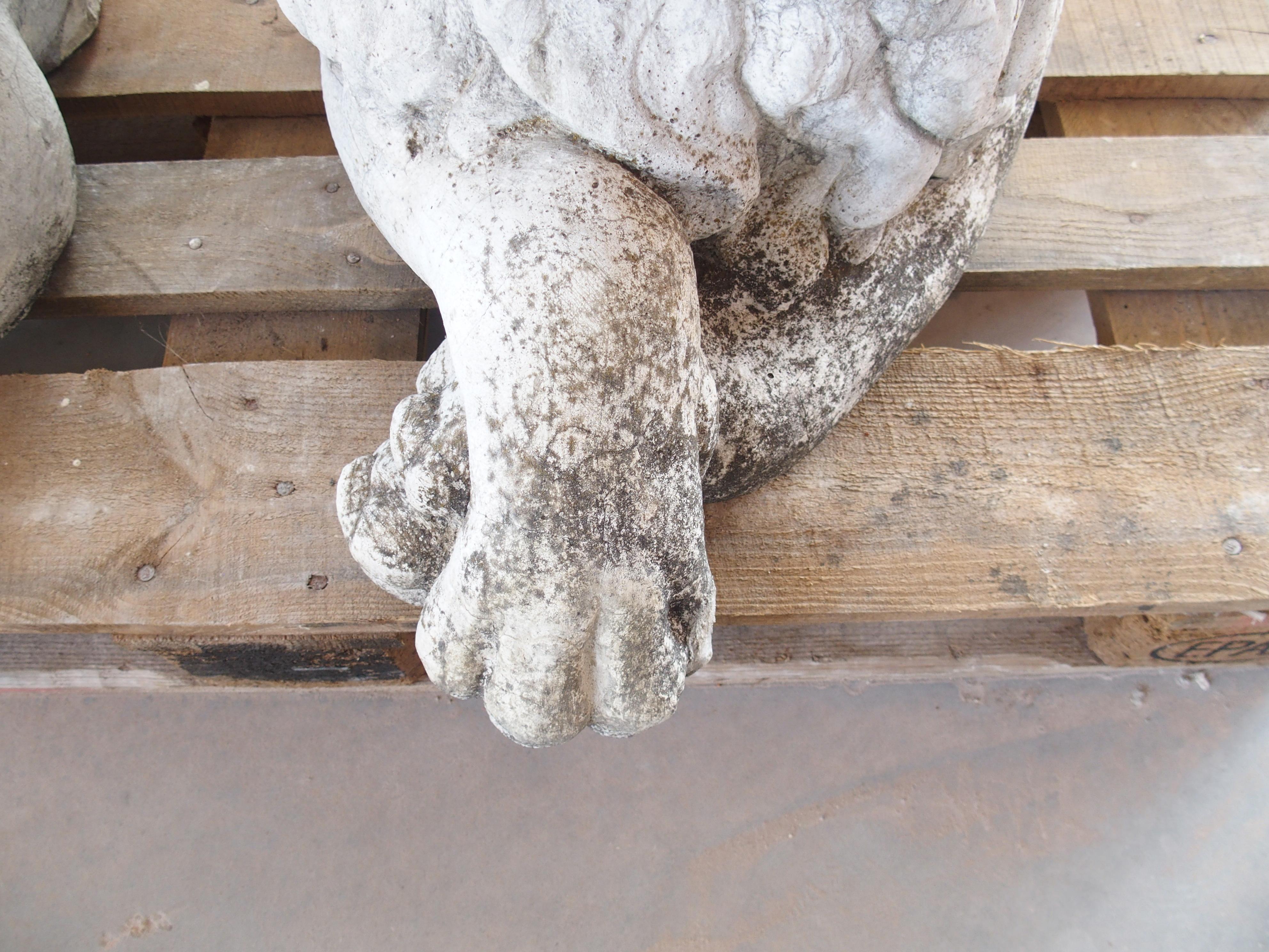 Pareja de leones de jardín yacentes de piedra reconstituida procedentes de Bélgica, circa 1960 mediados del siglo XX en venta