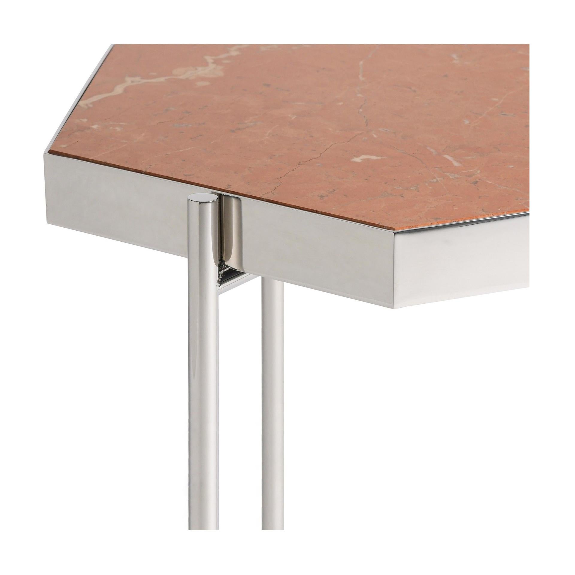 Portuguese Pair of Red Alicante Marble Staineless Steel Side Hexagonal Tables For Sale