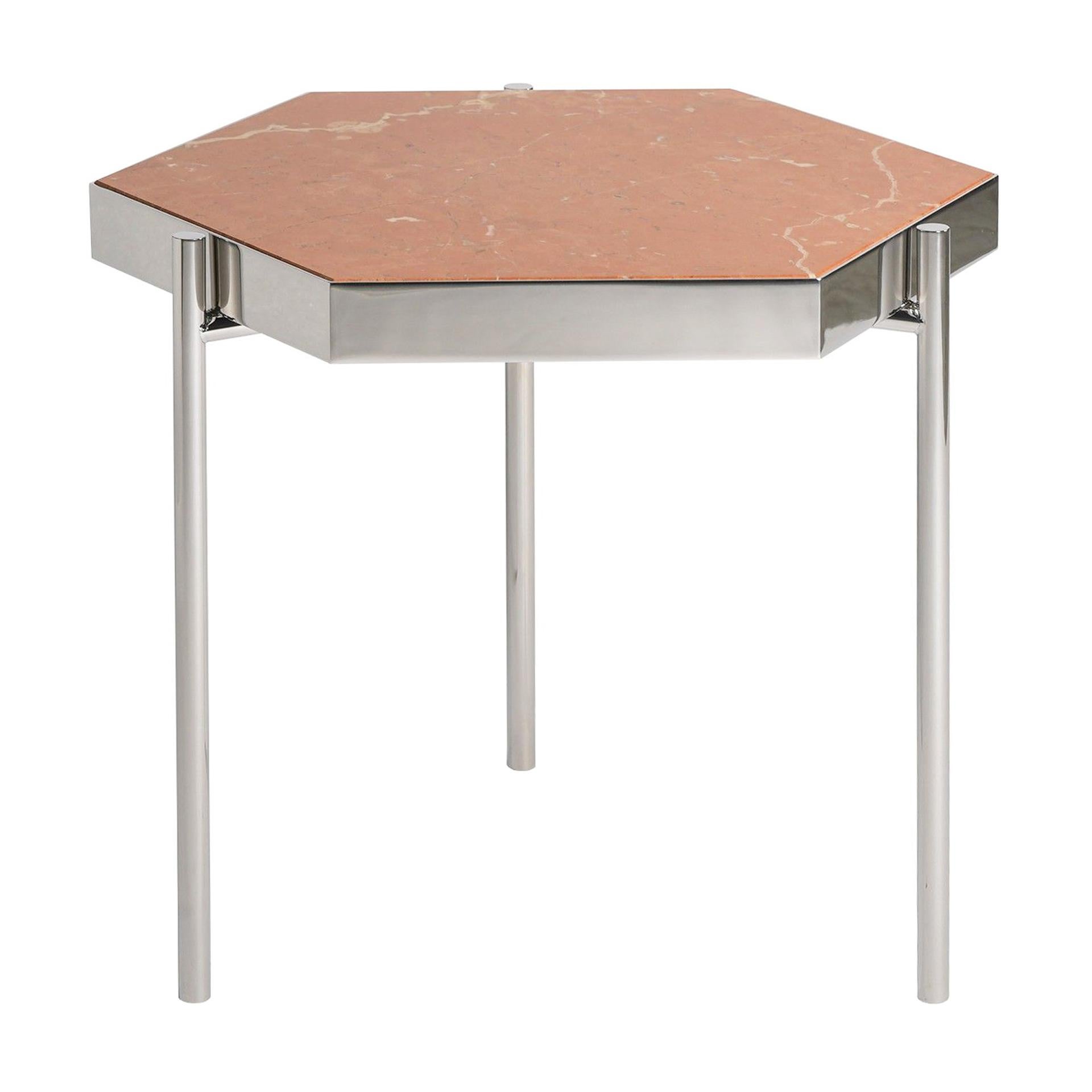 Pair of Red Alicante Marble Staineless Steel Side Hexagonal Tables In New Condition For Sale In Paris, FR