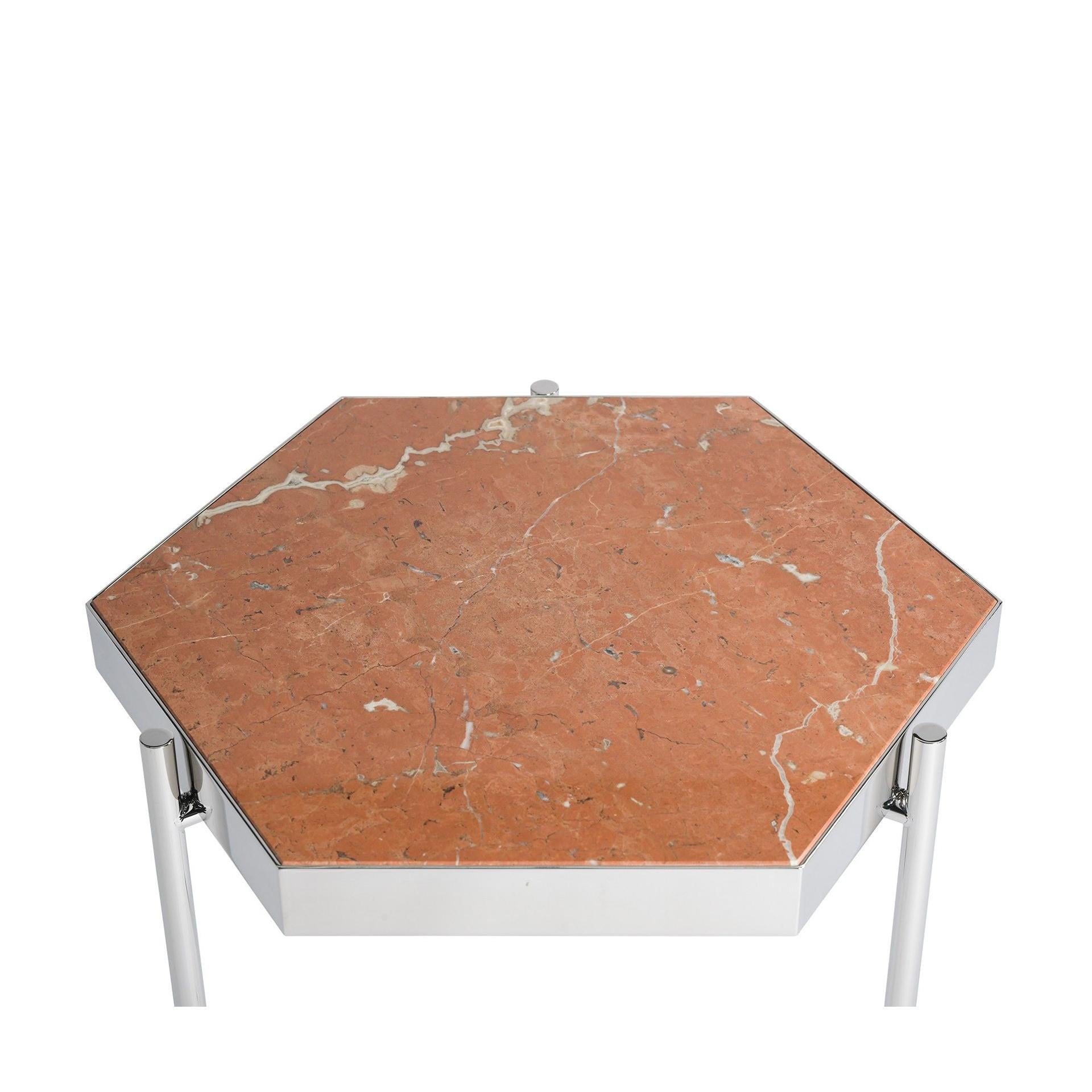 Pair of Red Alicante Marble Staineless Steel Side Hexagonal Tables For Sale 3