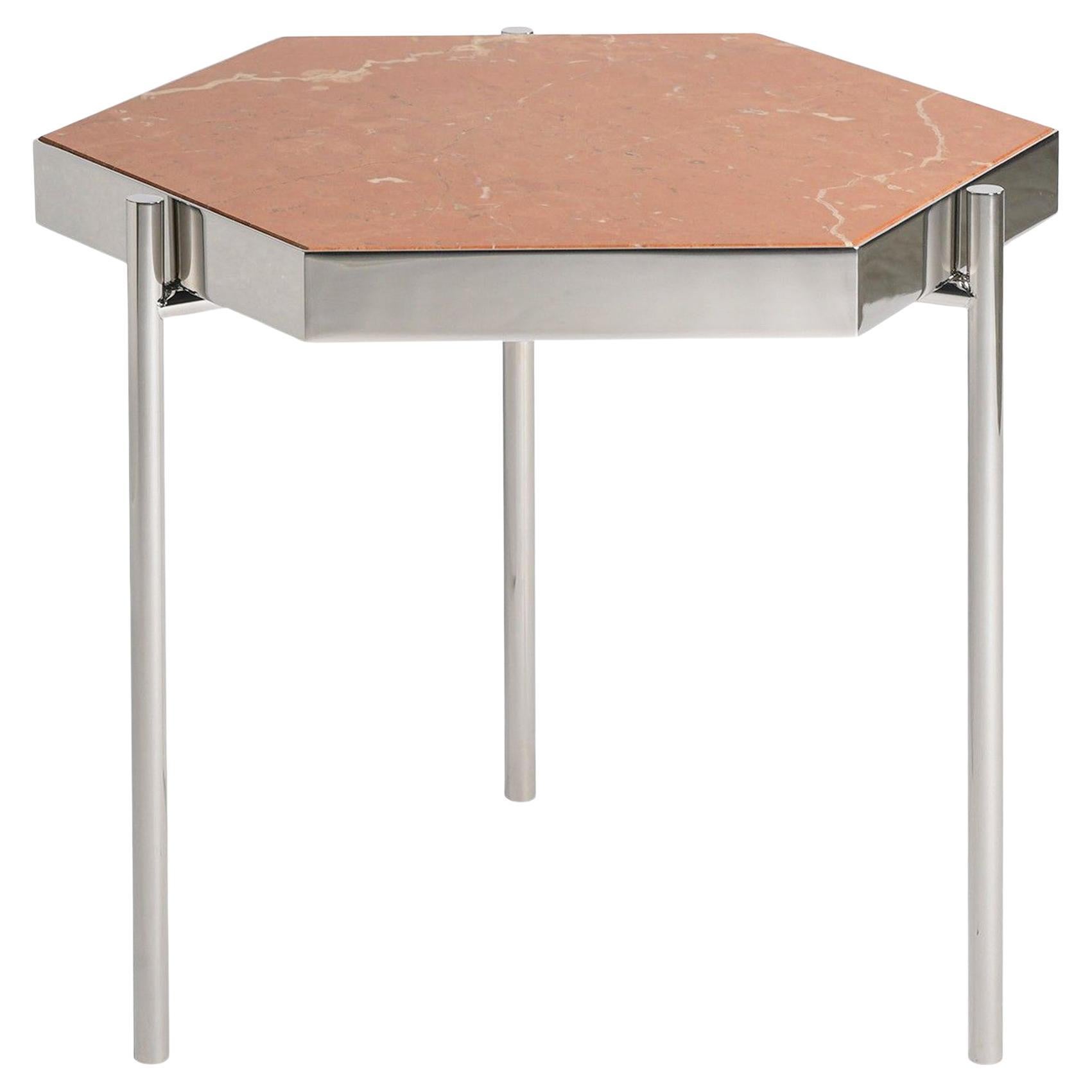 Pair of Red Alicante Marble Staineless Steel Side Hexagonal Tables For Sale