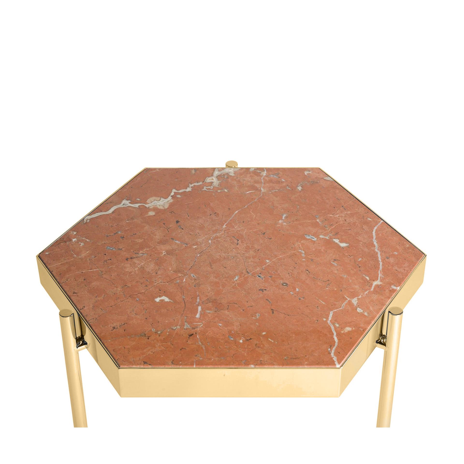 Metal Pair of Red Alicante Marble Titanium Gold Side Tables For Sale