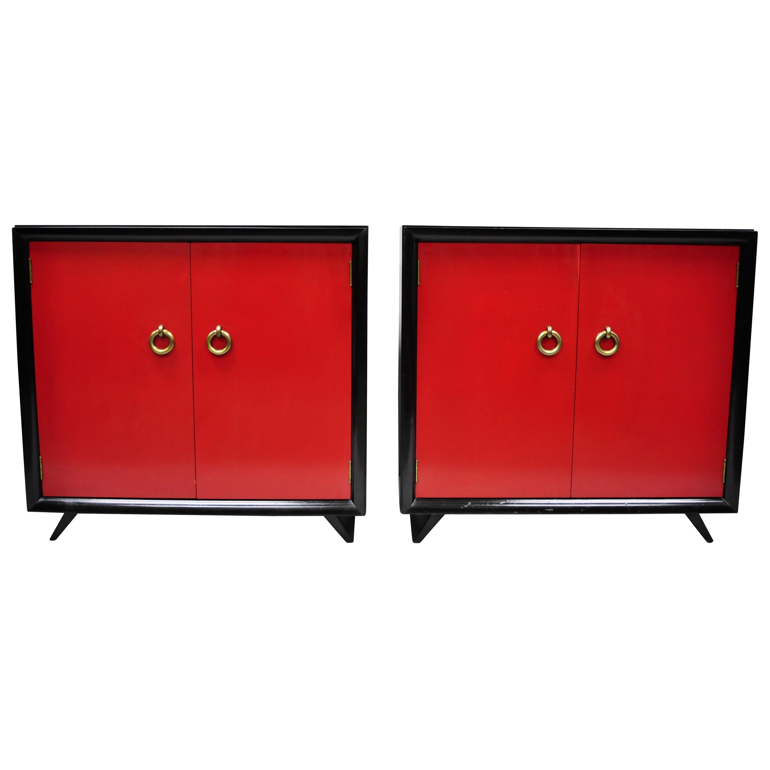 Pair of Red and Black Art Deco Mid-Century Modern Cabinet Commodes by Harjer