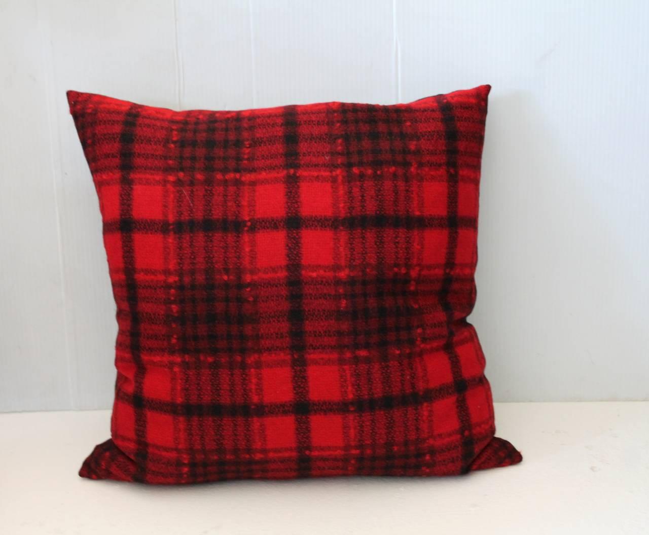 Adirondack Pair of Red and Black Plaid Blanket Pillows For Sale