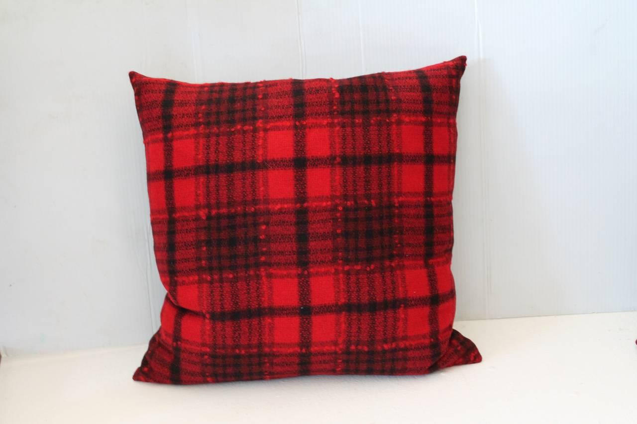 American Pair of Red and Black Plaid Blanket Pillows For Sale