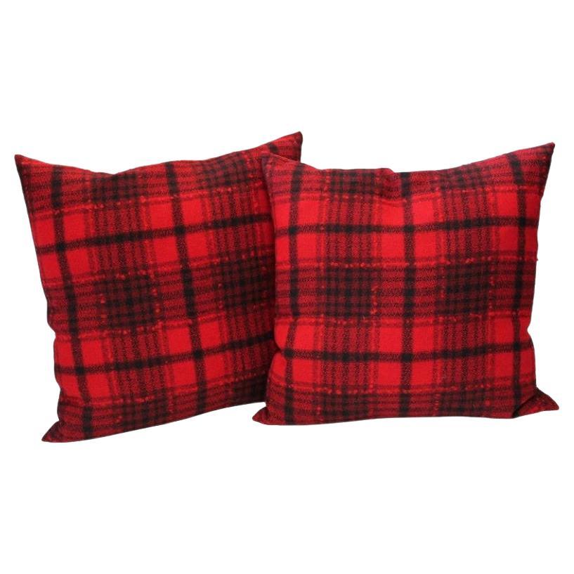 Pair of Red and Black Plaid Blanket Pillows For Sale
