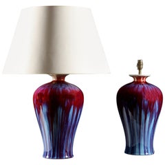 Pair of Red and Blue Chinese Flambé Vases as Table Lamps