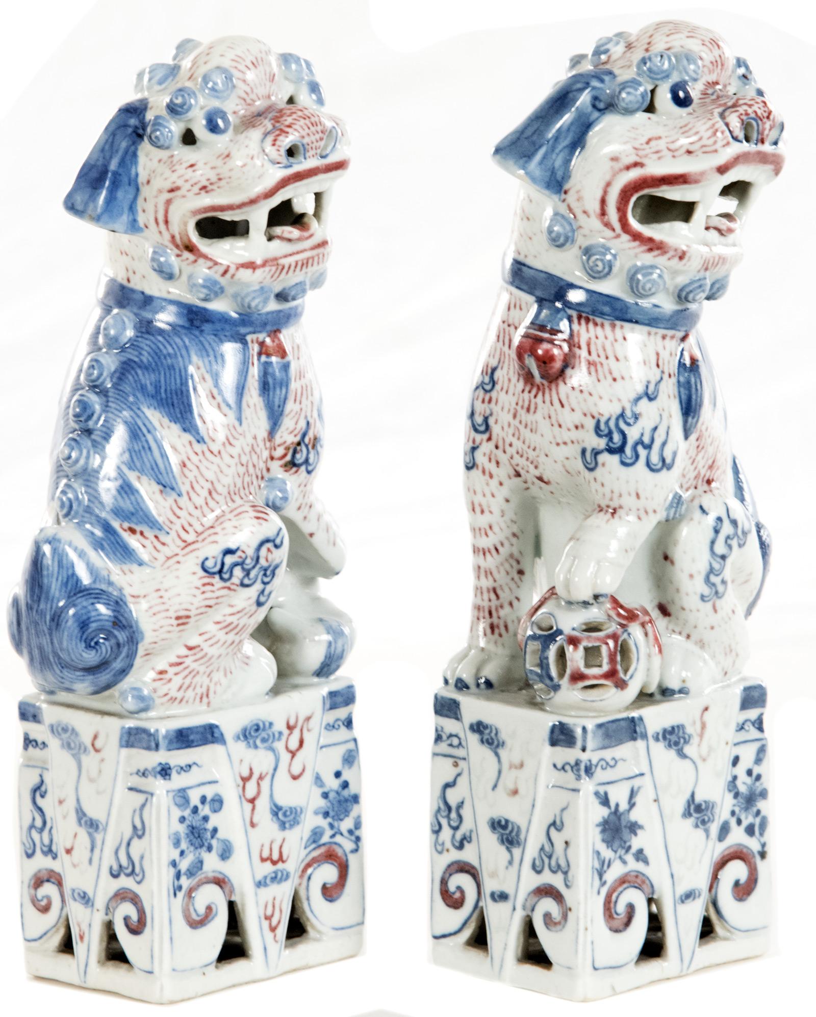 Chinese Export Pair of Red and Blue Chinese Foo Dogs