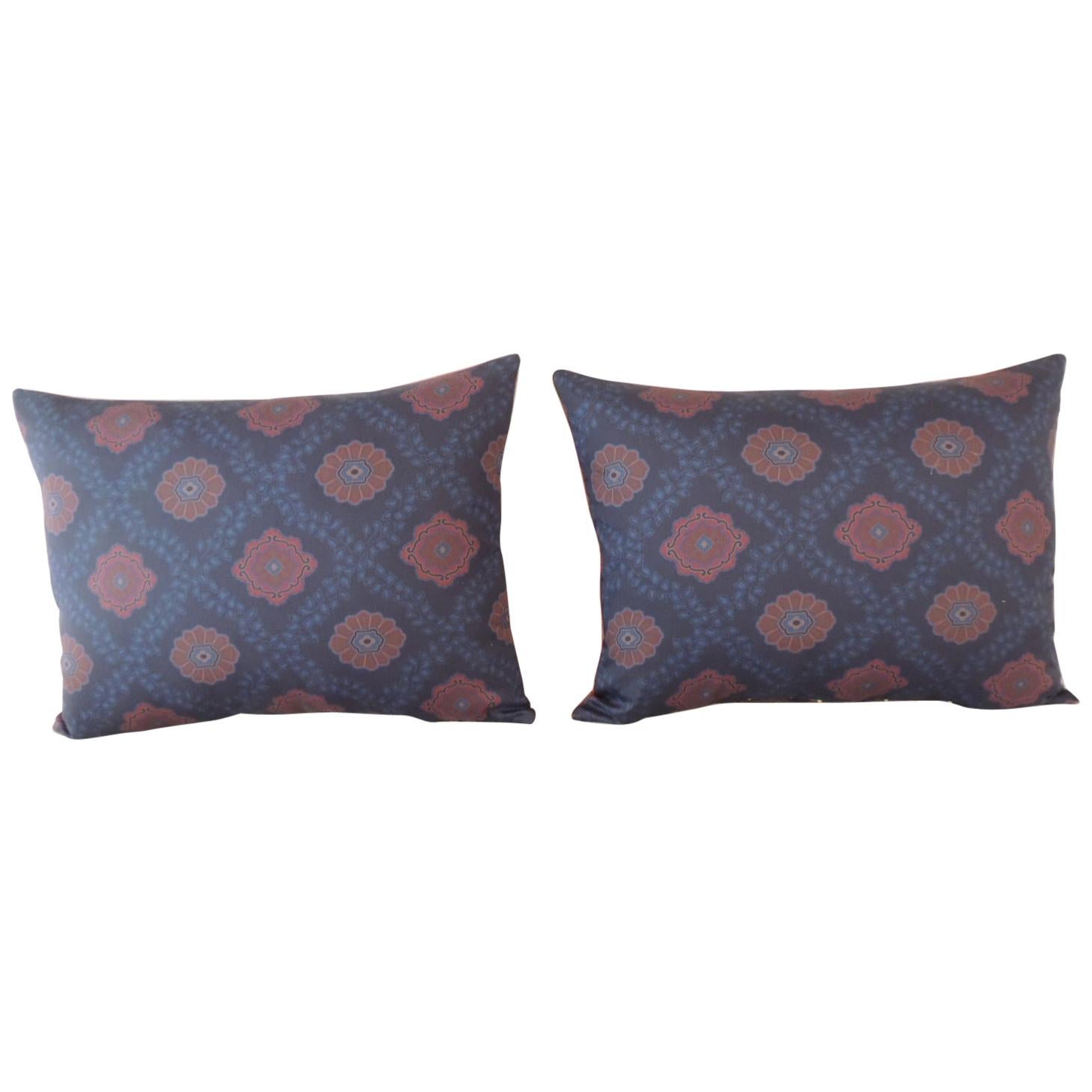 Pair of Red and Blue Satin Cotton Modern Bolster Decorative Pillows