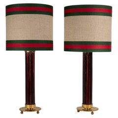 Paar rote und dunkelgrüne Murano-Glasstäbe und Messing-Metall-Tischlampen Italien