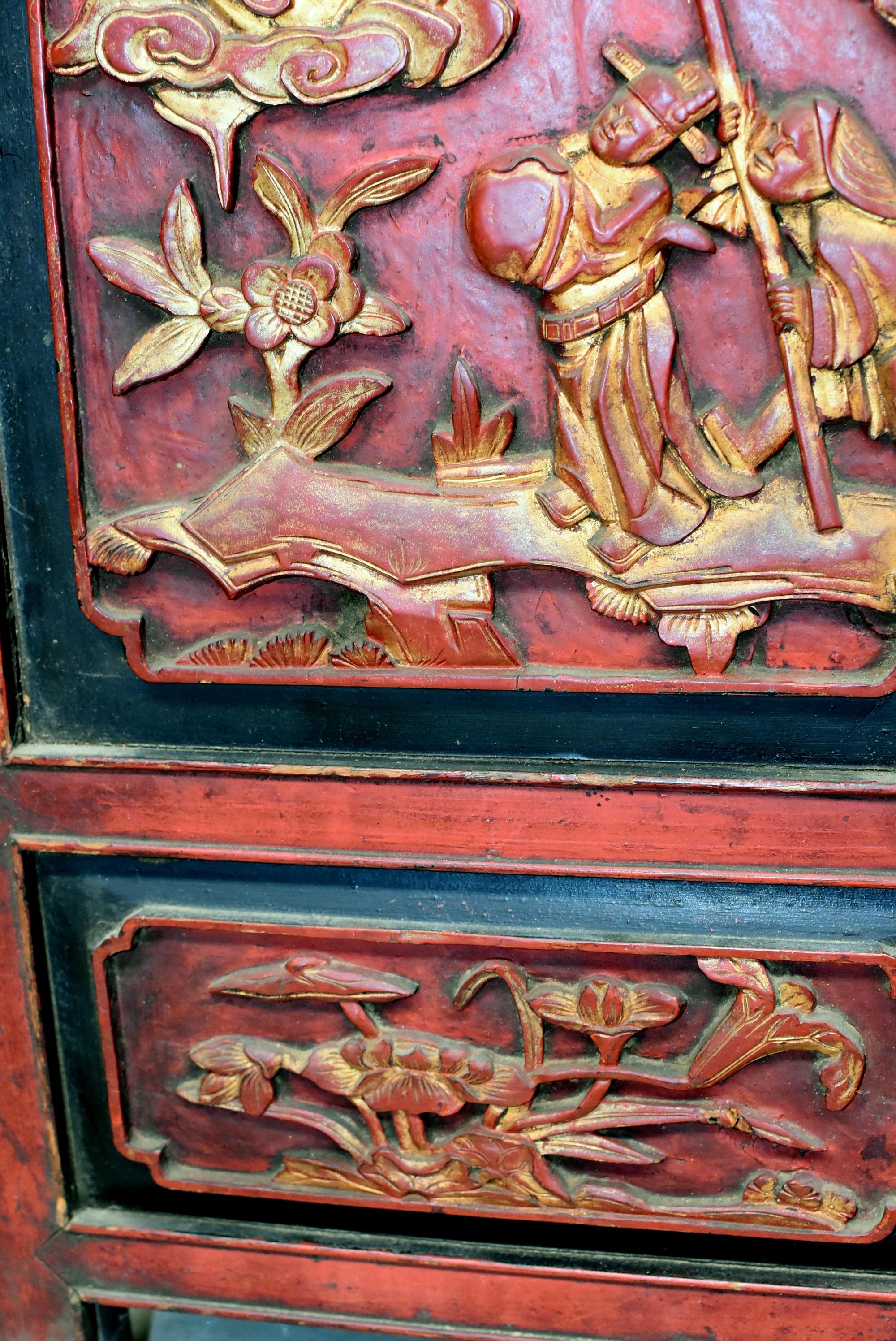 Pair of Red and Gold Carved Antique Chinese Screens 6