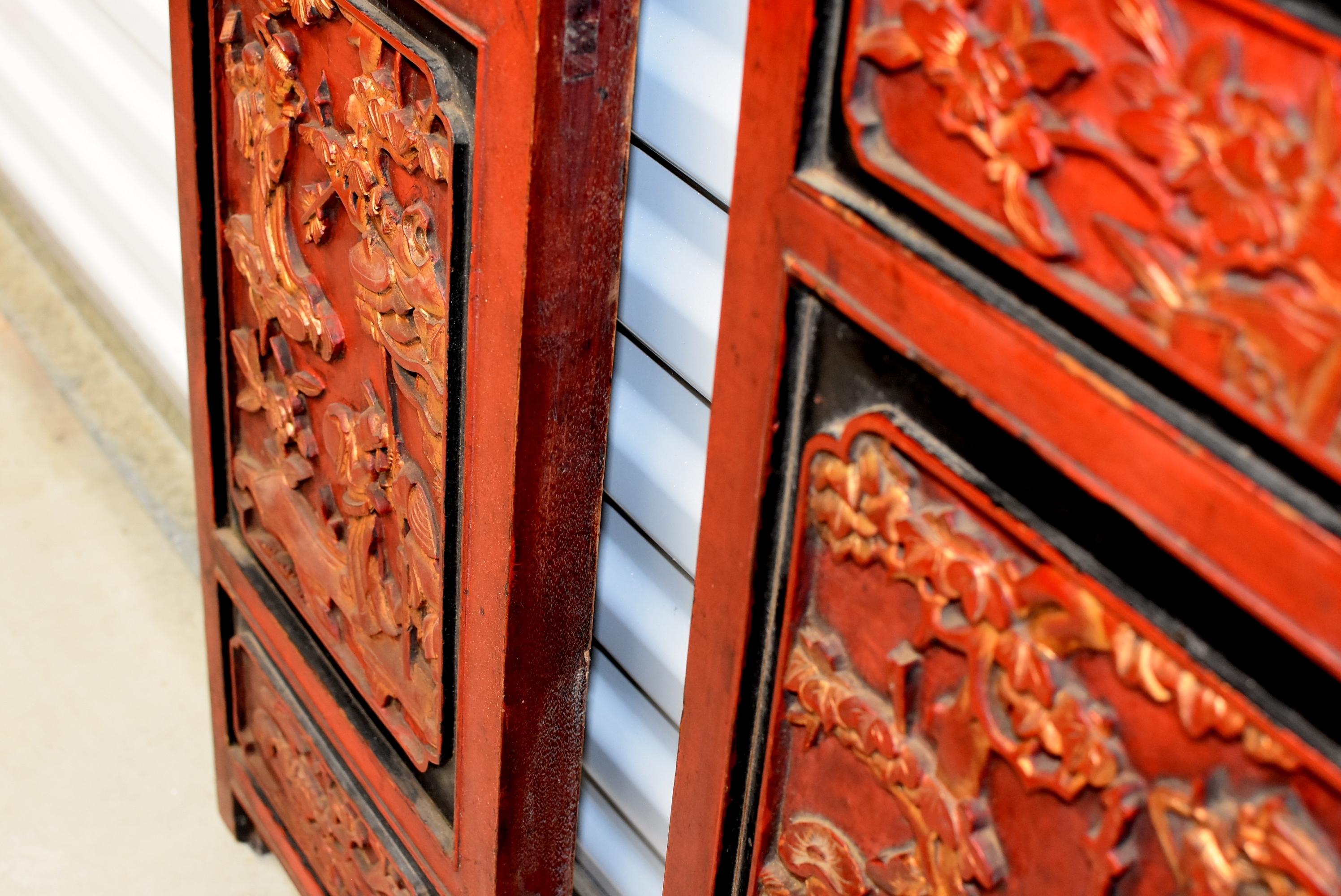 Pair of Red and Gold Carved Antique Chinese Screens 8