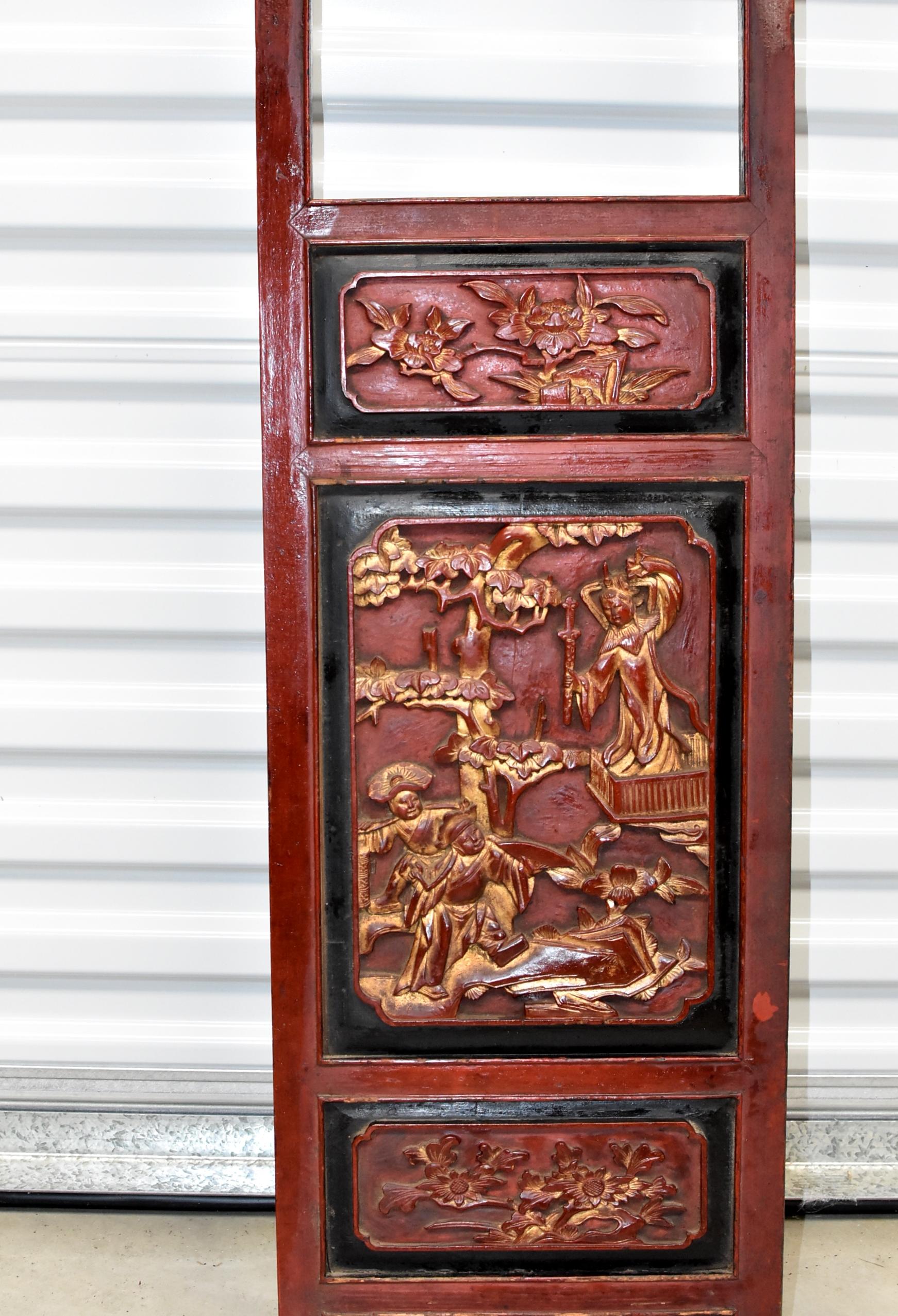 Pair of Red and Gold Carved Antique Chinese Screens 10