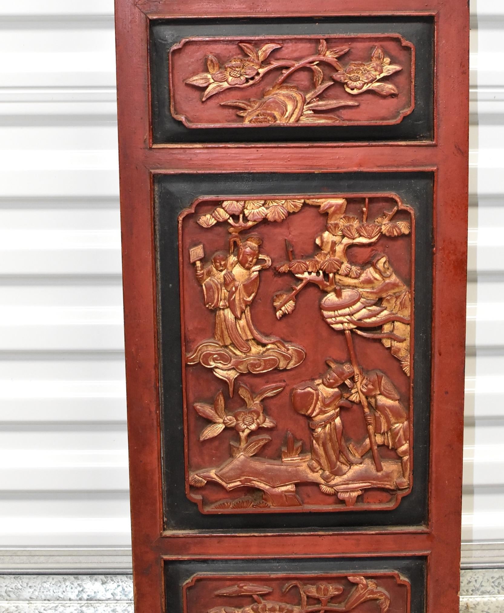 Pair of Red and Gold Carved Antique Chinese Screens 11