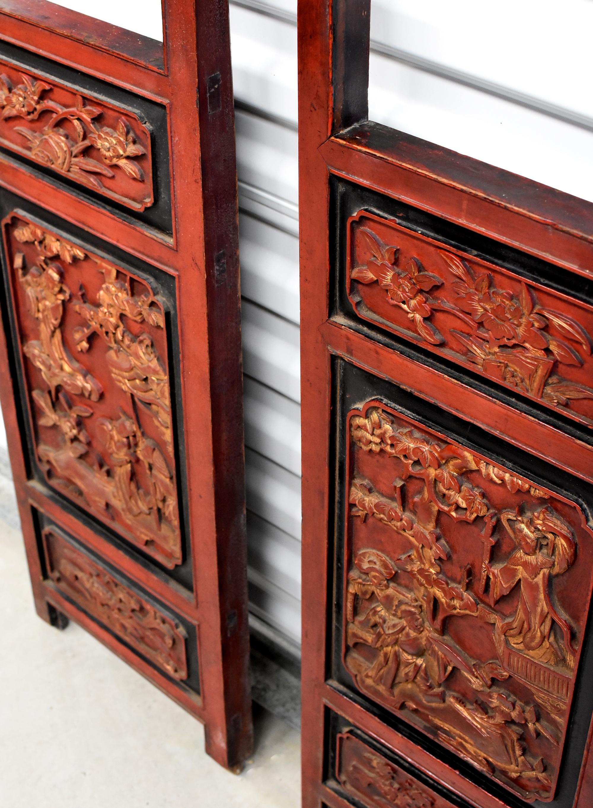 Joinery Pair of Red and Gold Carved Antique Chinese Screens
