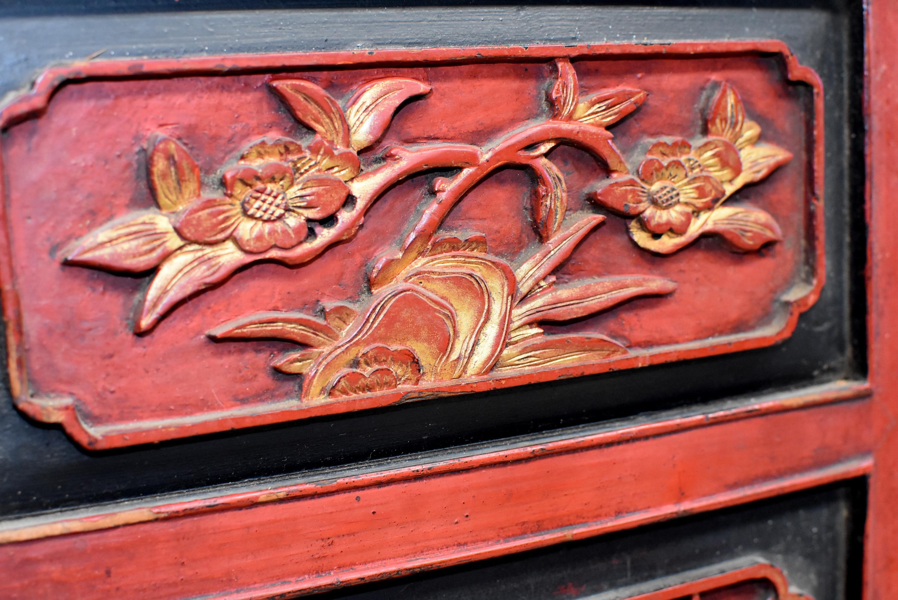 Pair of Red and Gold Carved Antique Chinese Screens 1