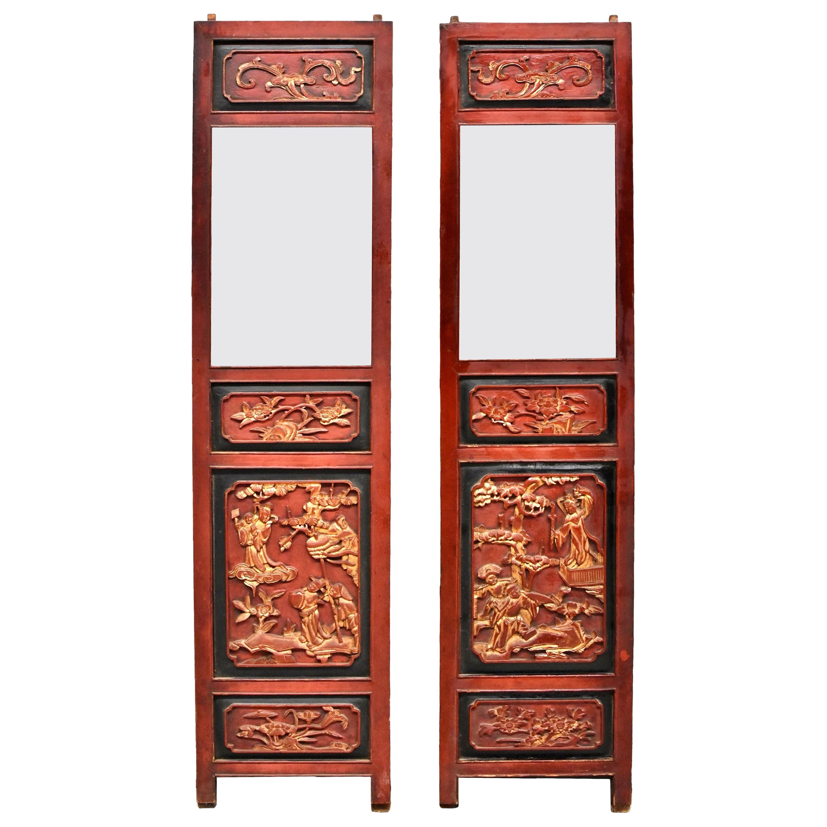 Pair of Red and Gold Carved Antique Chinese Screens