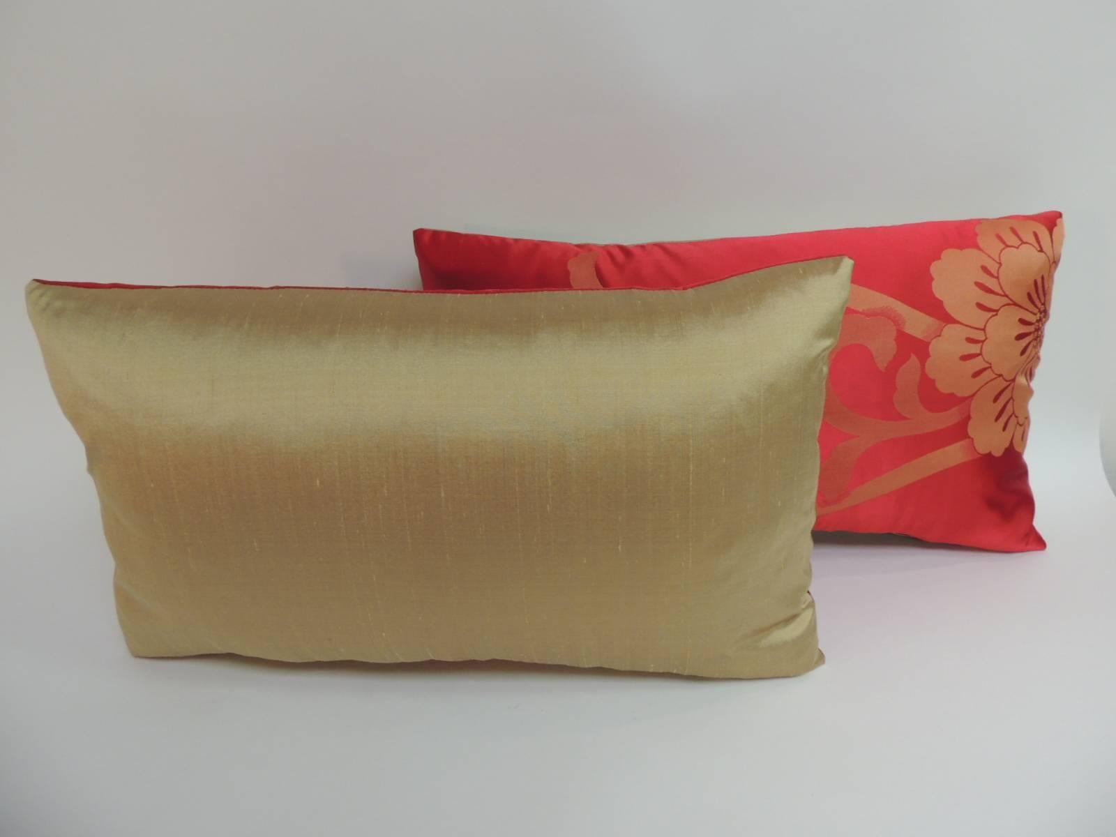 Japonisme Pair of Red and Gold Floral Woven Obi Lumbar Decorative Pillows
