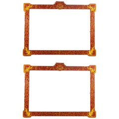 Antique Pair of Red and Gold Lacquered Wooden Frames with Geometric Frieze Decoration