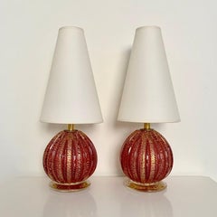 Pair of Red And Gold Murano Glass Table Lamps, circa 1940, Italy.